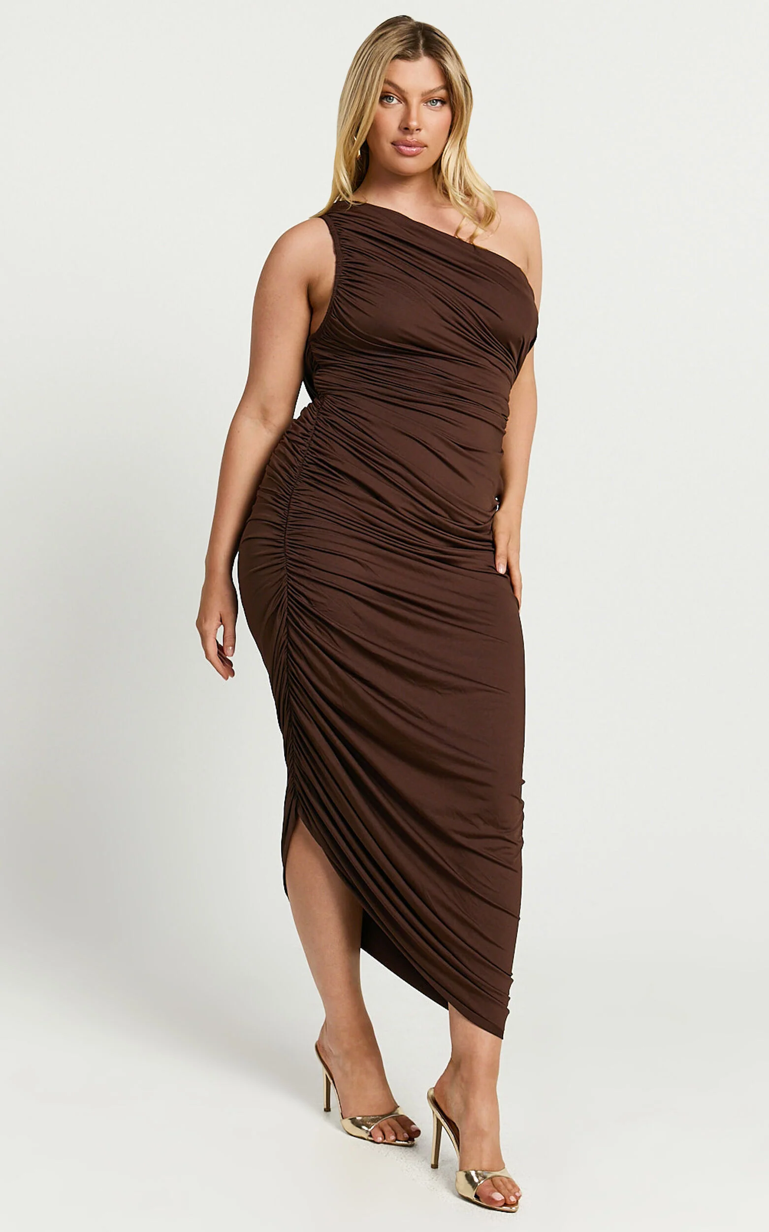 Lovlin Midi Dress - One Shoulder Ruched Dress in Chocolate