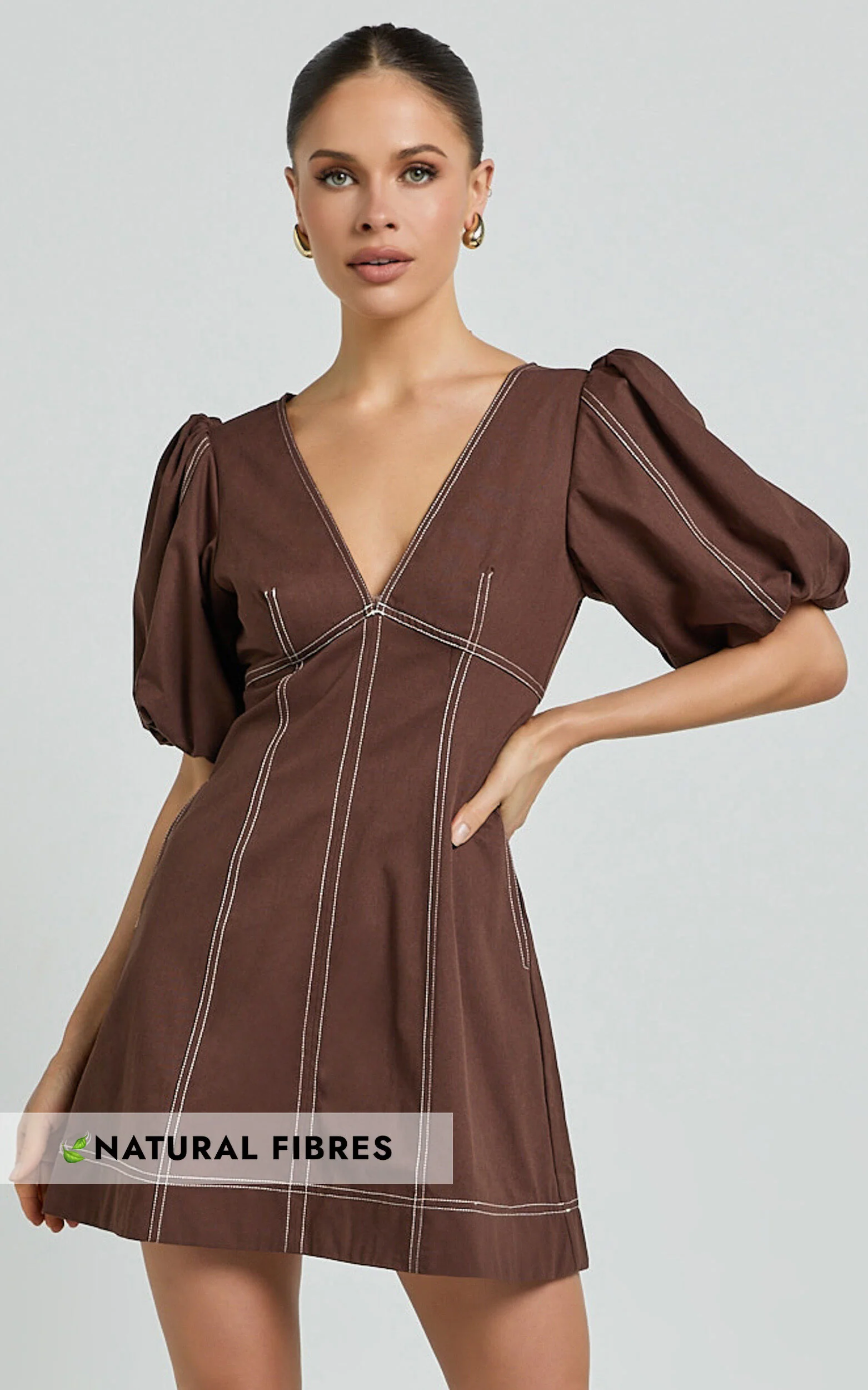 Tallie Mini Dress - Linen Puff Sleeve A Line Dress in Chocolate