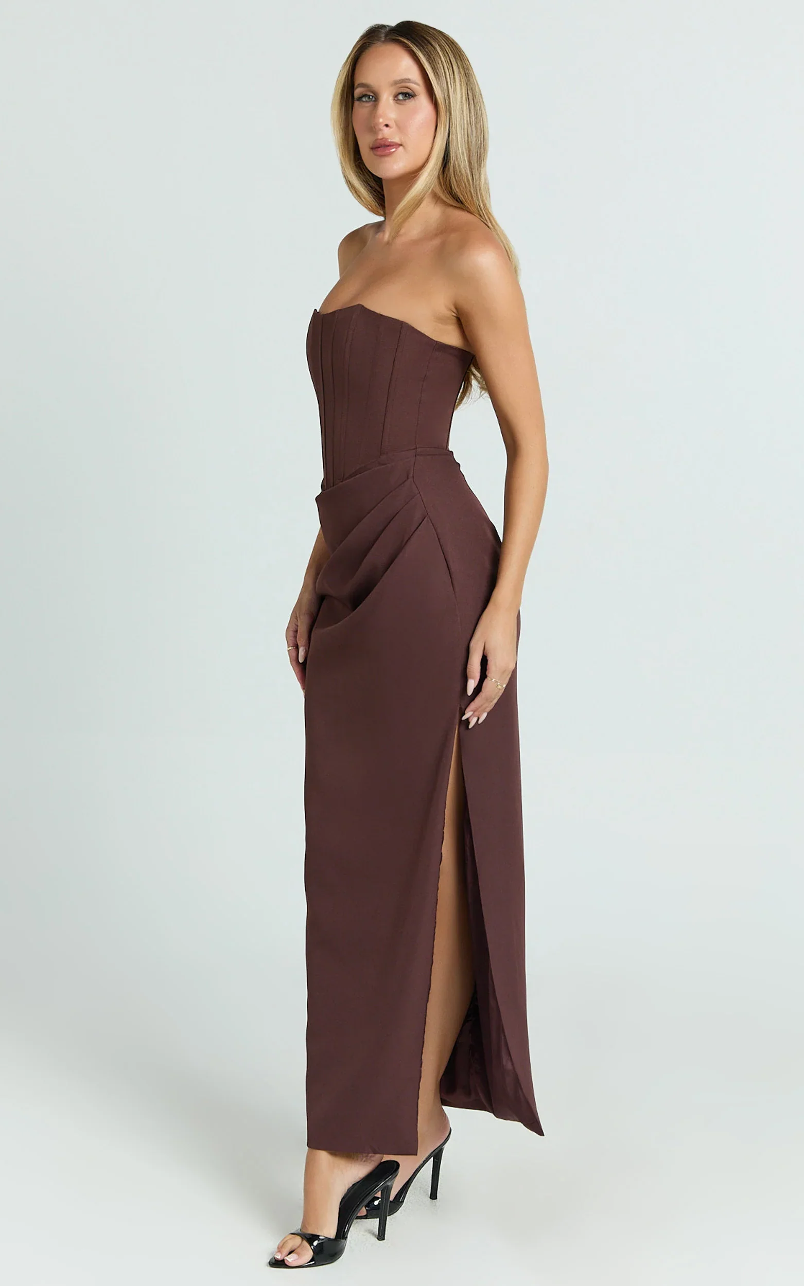 Avery Midi Dress - Strapless Draped Side Split Dress in Chocolate