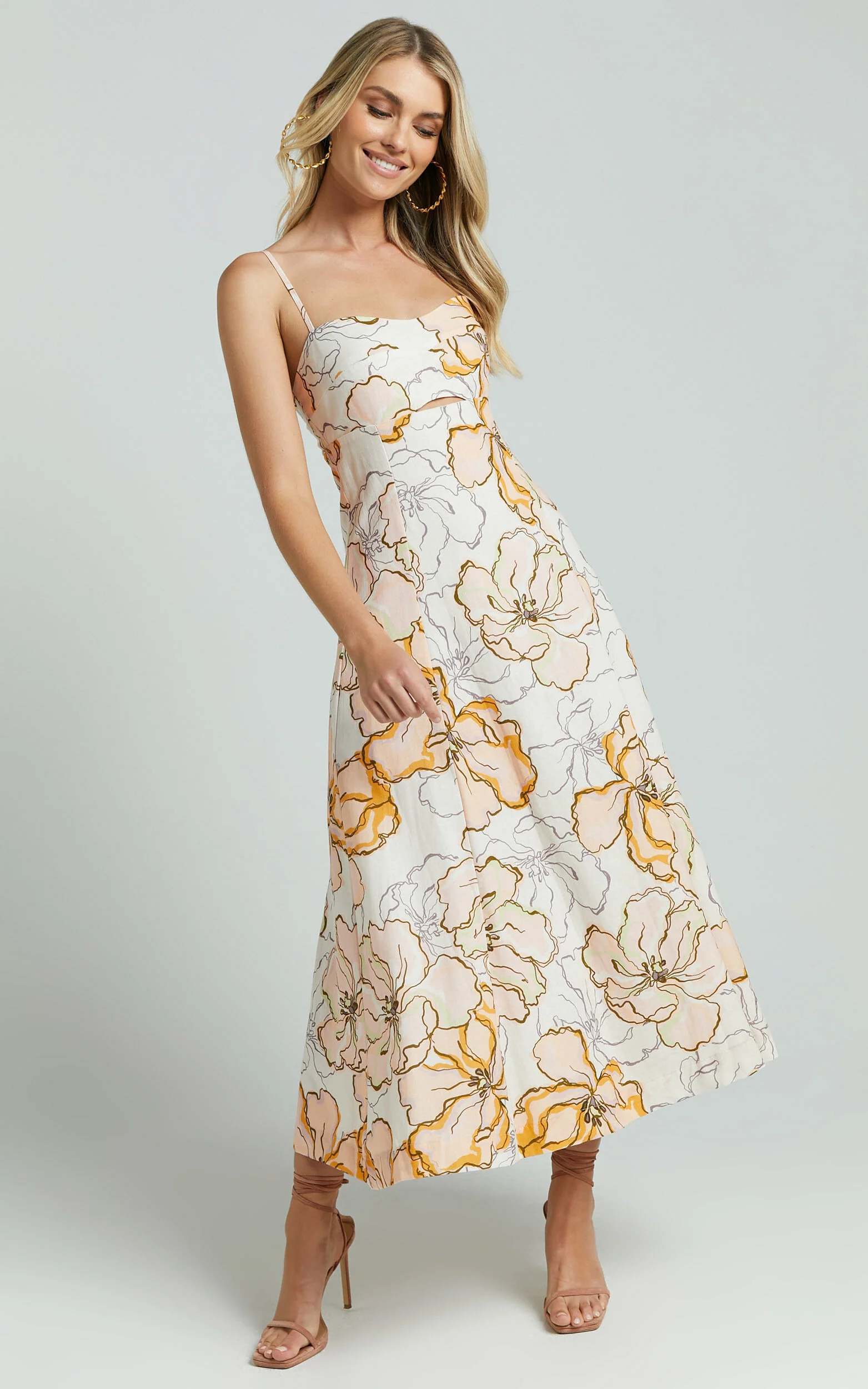 Amalie The Label - Carietta Linen Blend Strappy Sweetheart Cut Out A Line Midi Dress in Maison Fleur