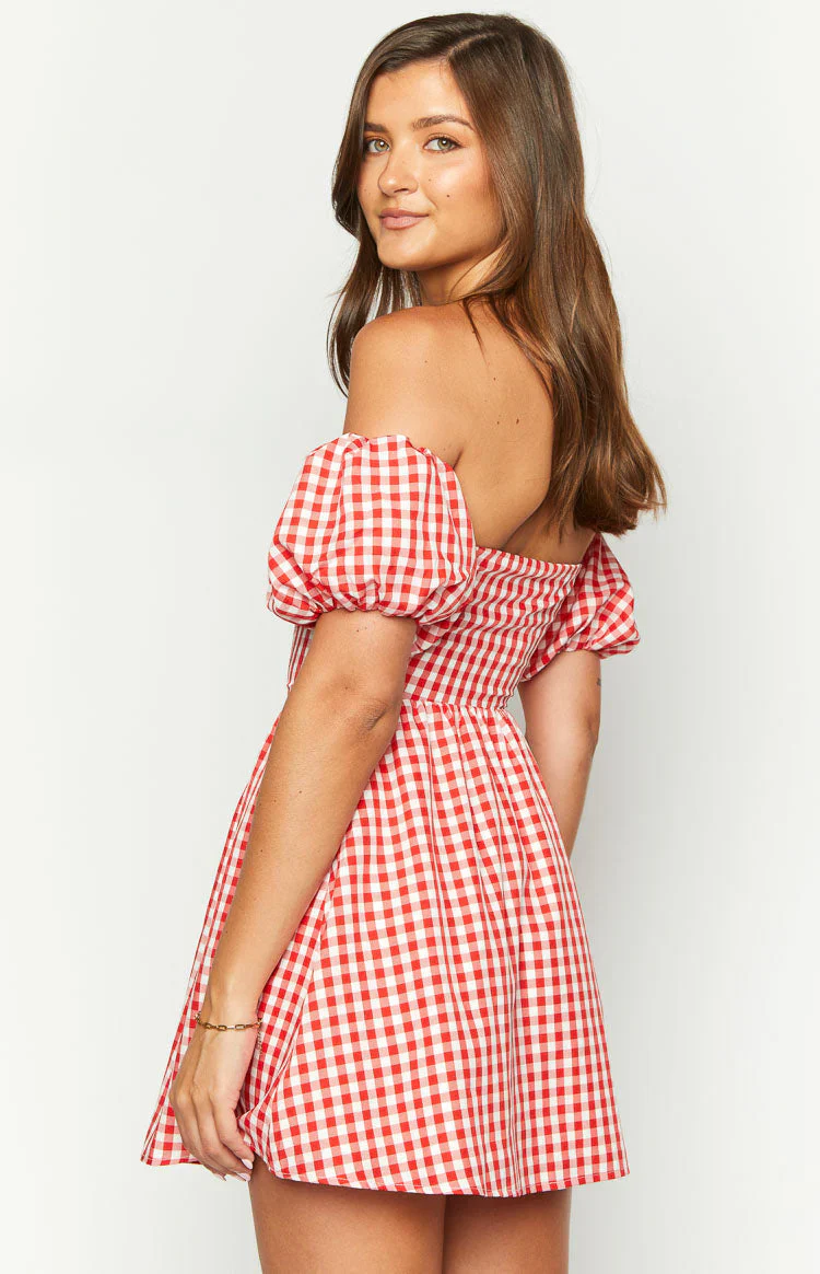 Love Lost Off The Shoulder Red Gingham Mini Dress