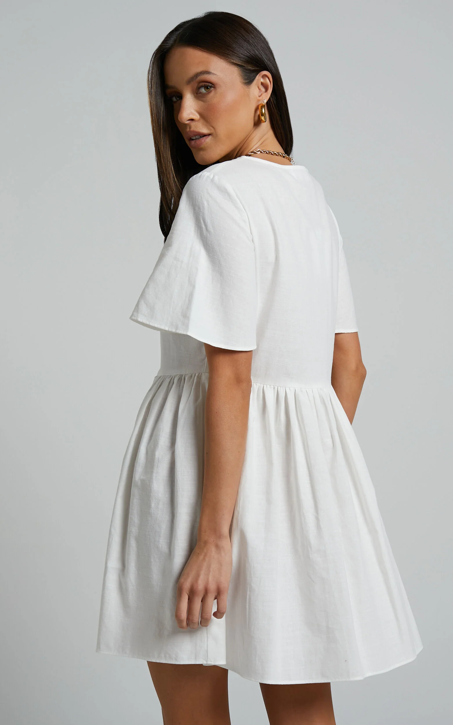 Staycation Mini Dress - Smock Button Up Dress in White