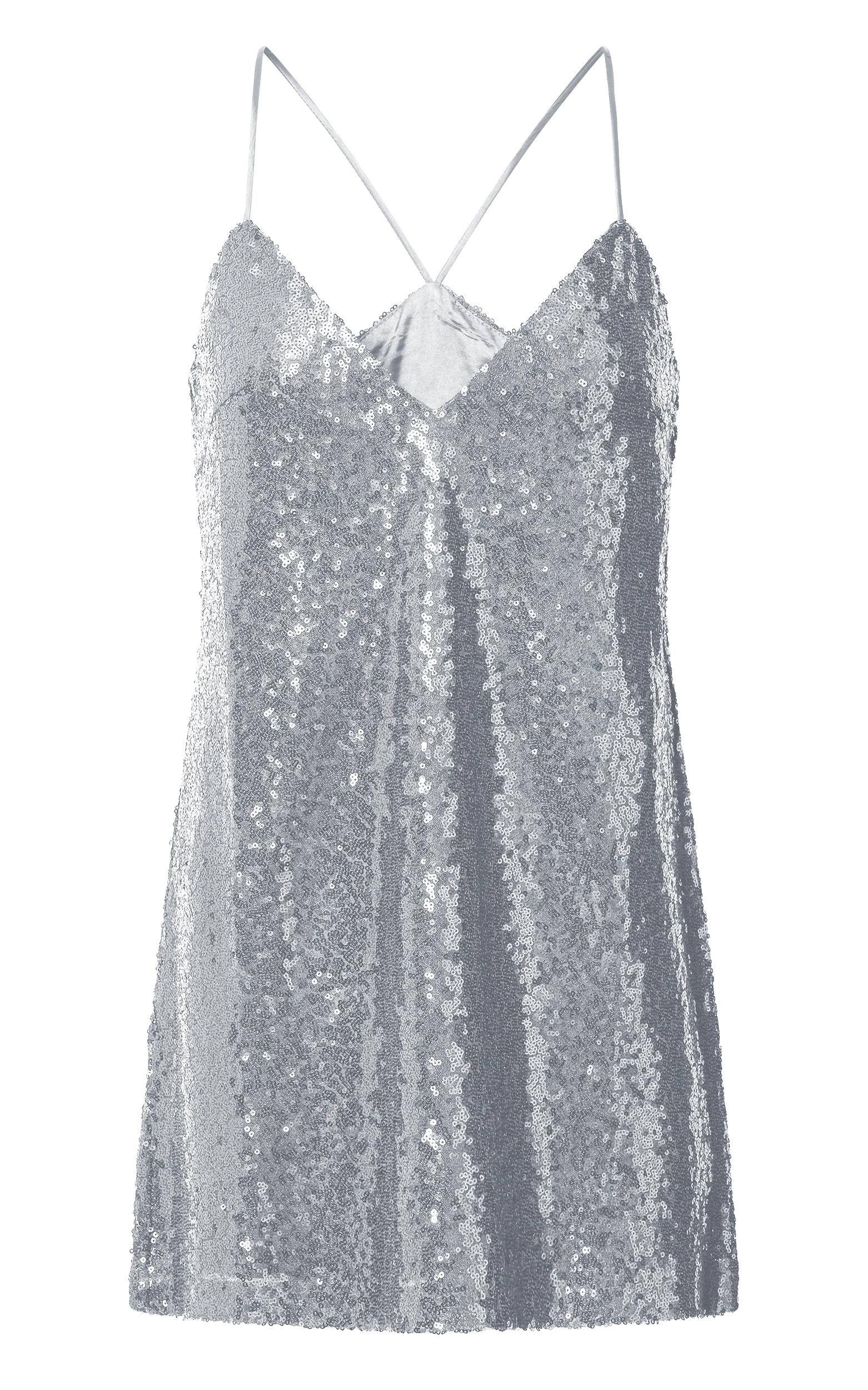 Delilaah Mini Dress - Strappy V Neck Slip Sequin Dress in Silver Sequins