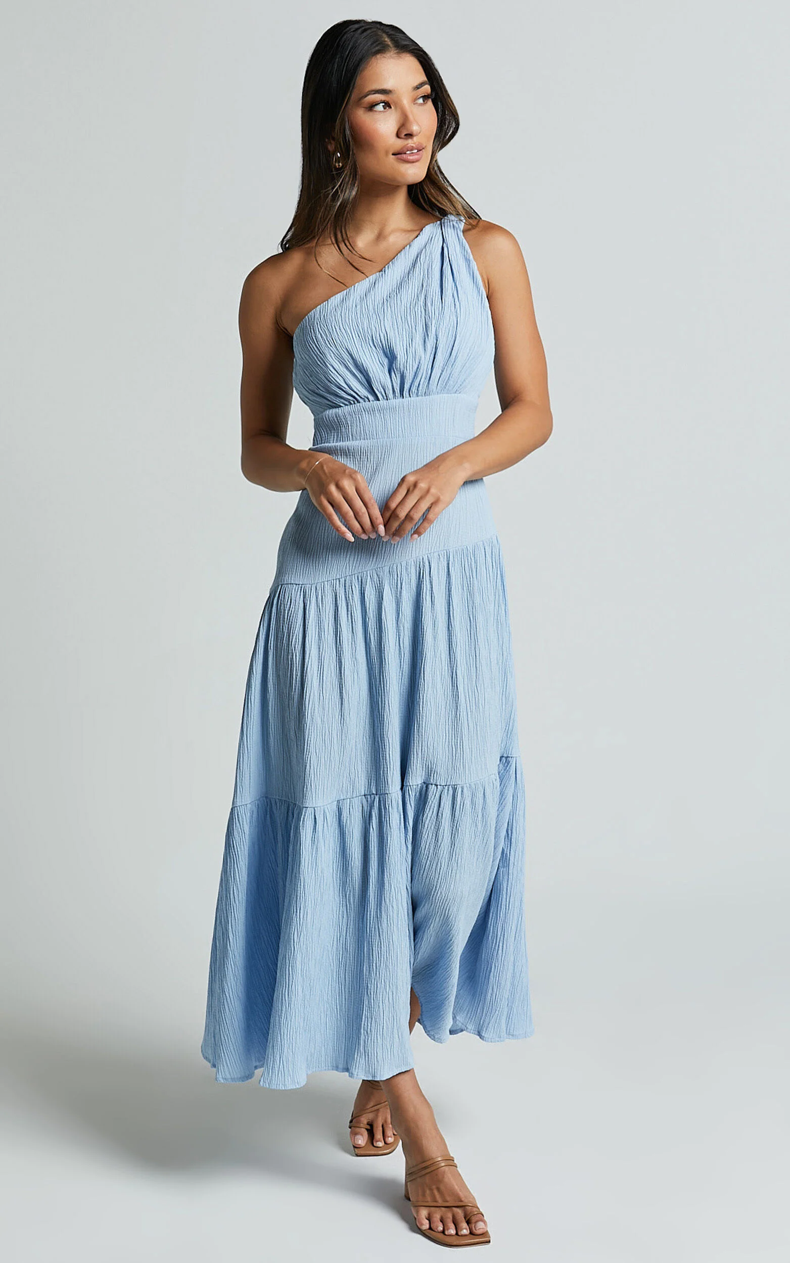 Celestia Midi Dress - Tiered One Shoulder Dress in Soft Blue