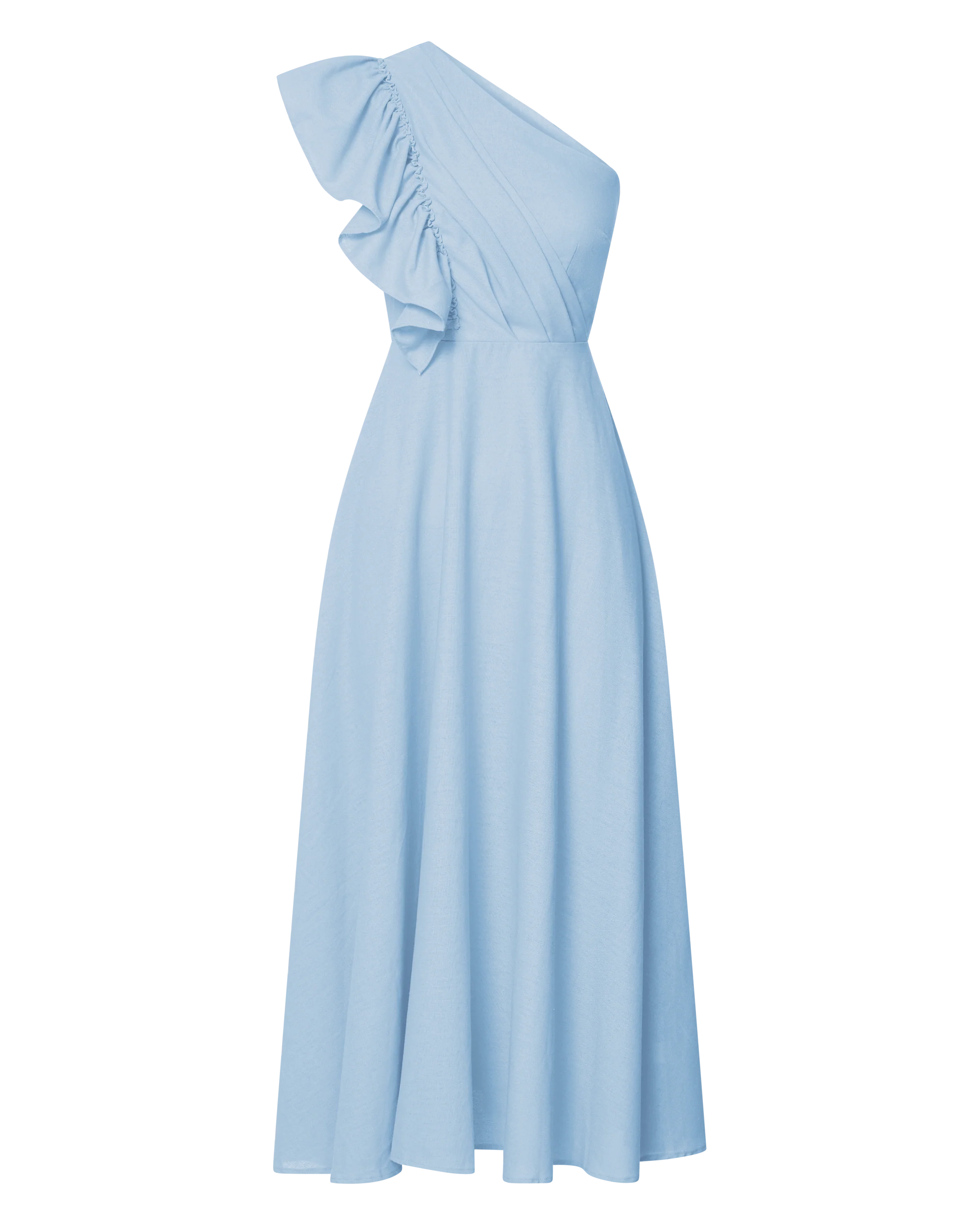 Dixie Midi Dress - Linen Look One Shoulder Ruffle Dress in Blue