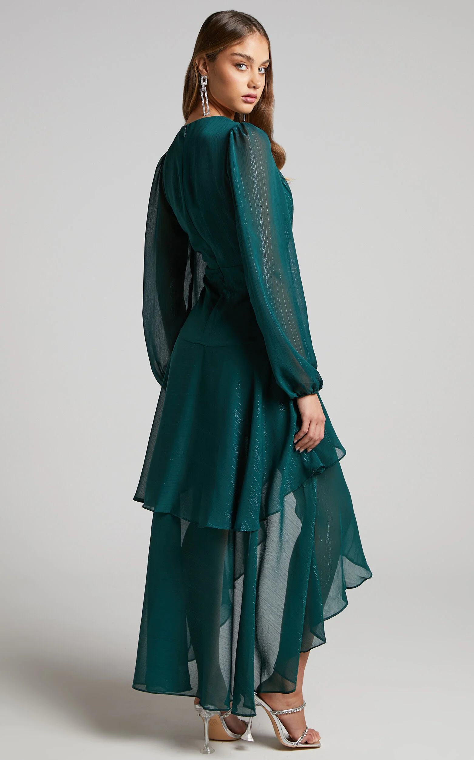 Claudita Midi Dress - Long Sleeve High Low Hem Dress in Emerald