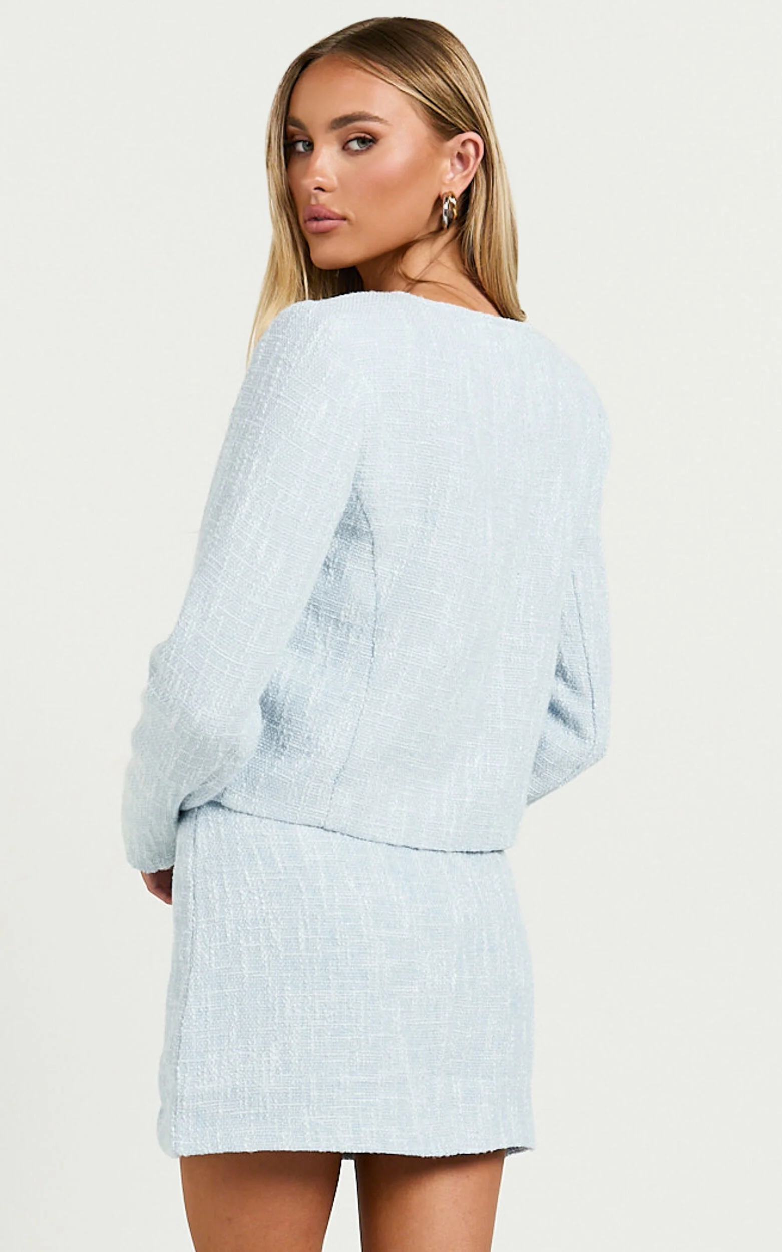 Olympia Mini Skirt - High Waisted A Line Boucle Skirt in Pale Blue