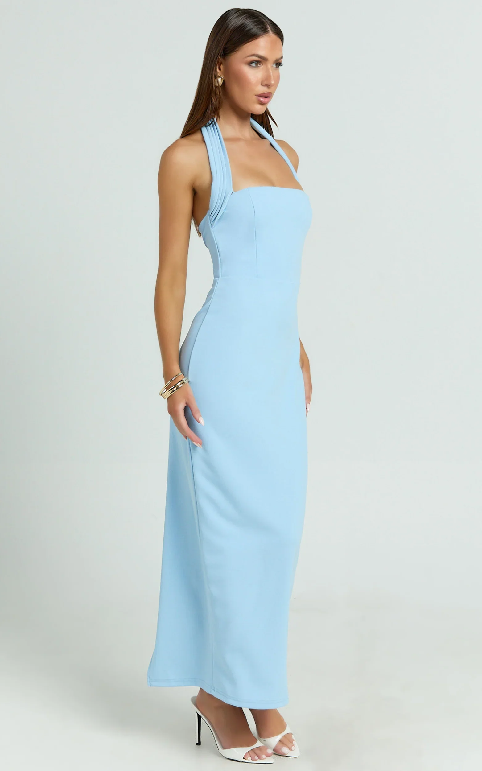 Salome Midi Dress - Halter Neck Column Dress in Blue