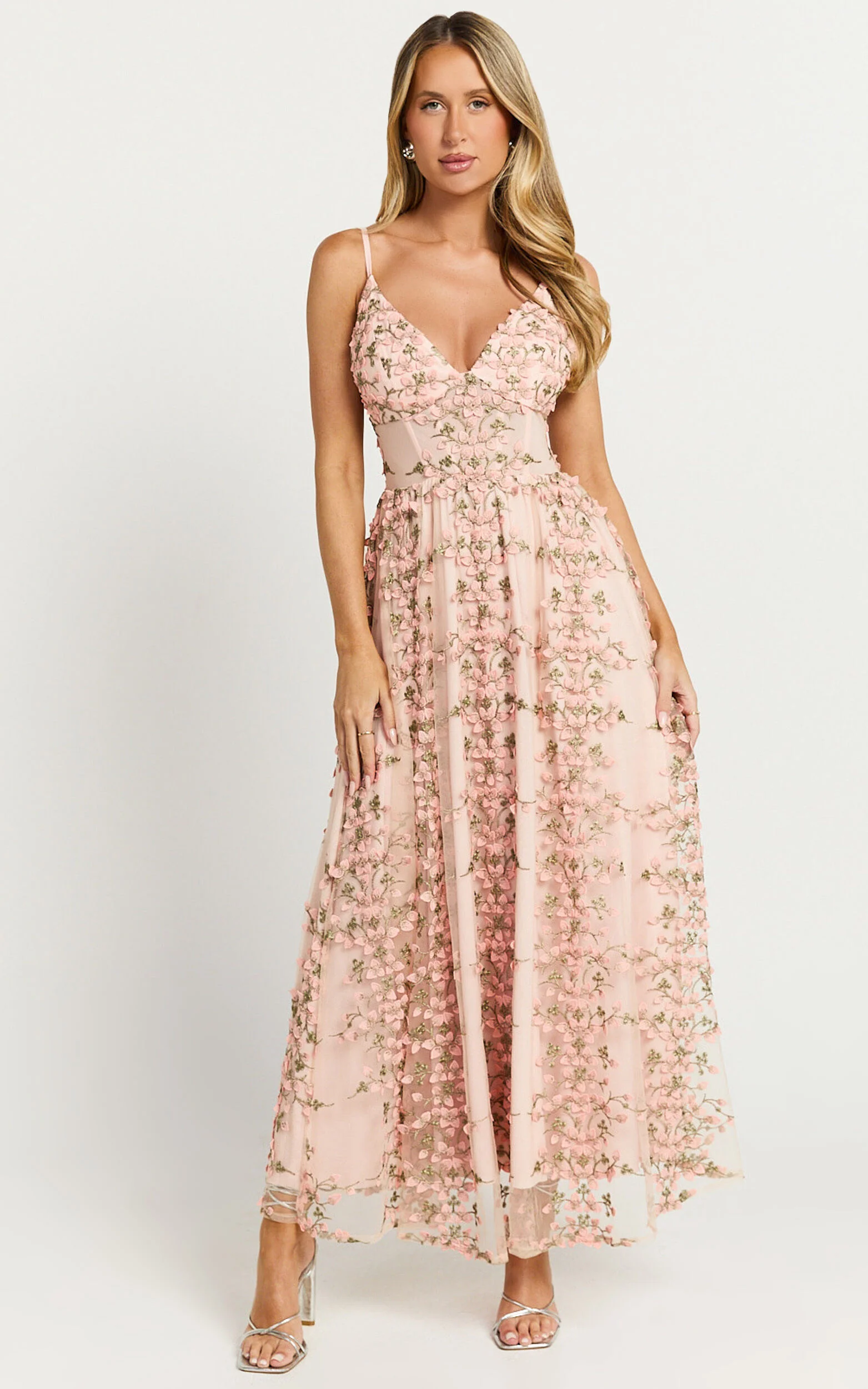 Amalie The Label - Lou V Neck Embroidered Tulle Maxi Dress in Blush