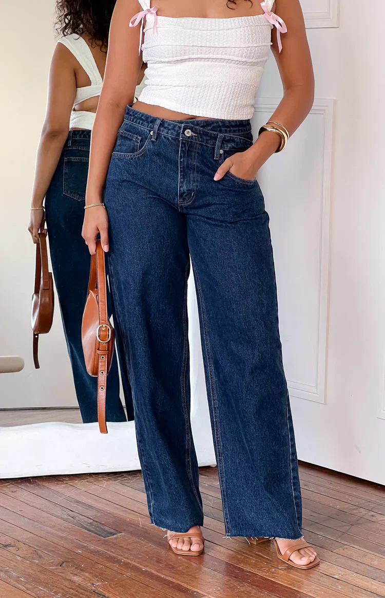 Kansis Dark Blue Uneven Waist Jeans