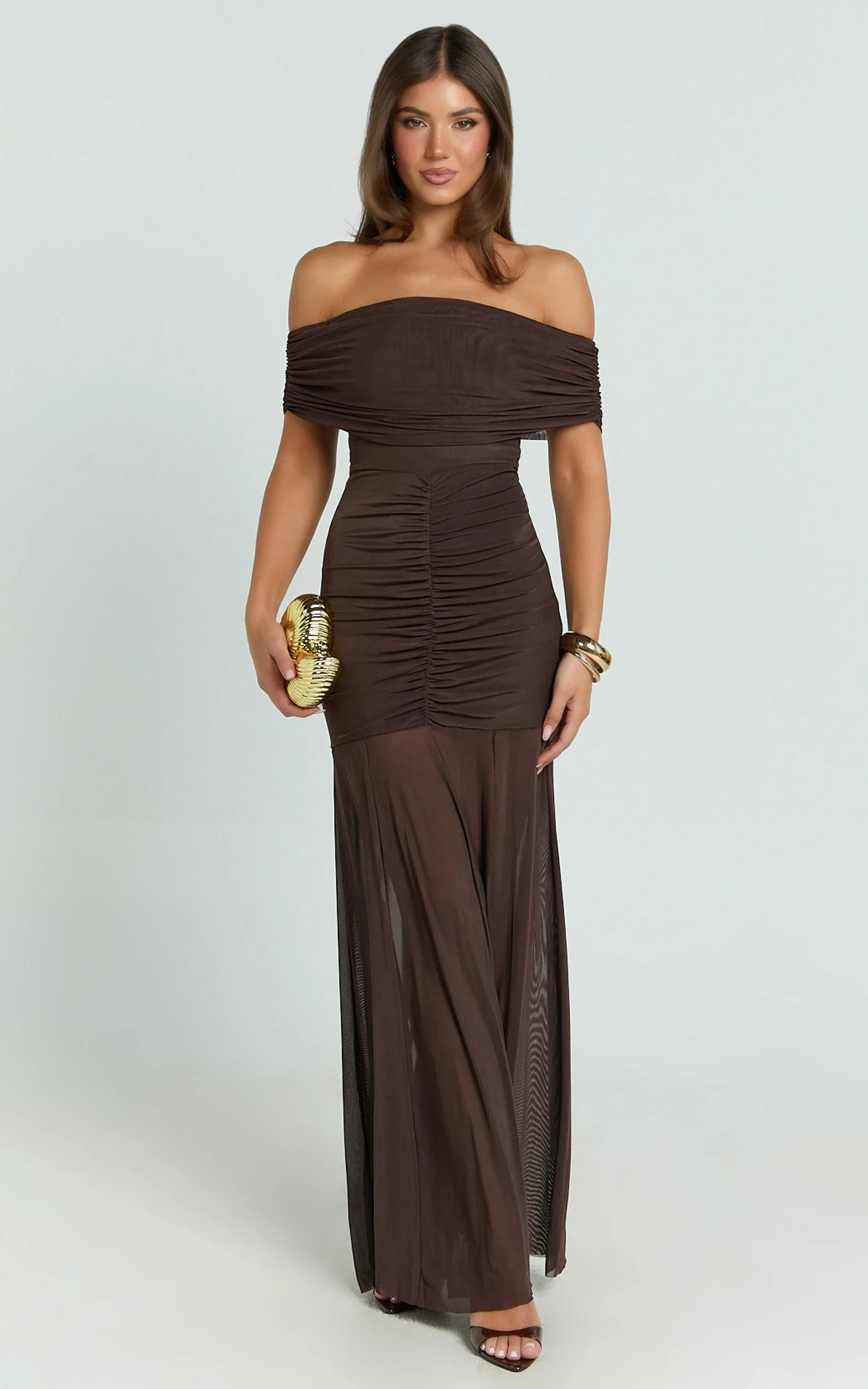 Alanna Maxi Dress - Off Shoulder Ruched Mesh Dress in Chocolate