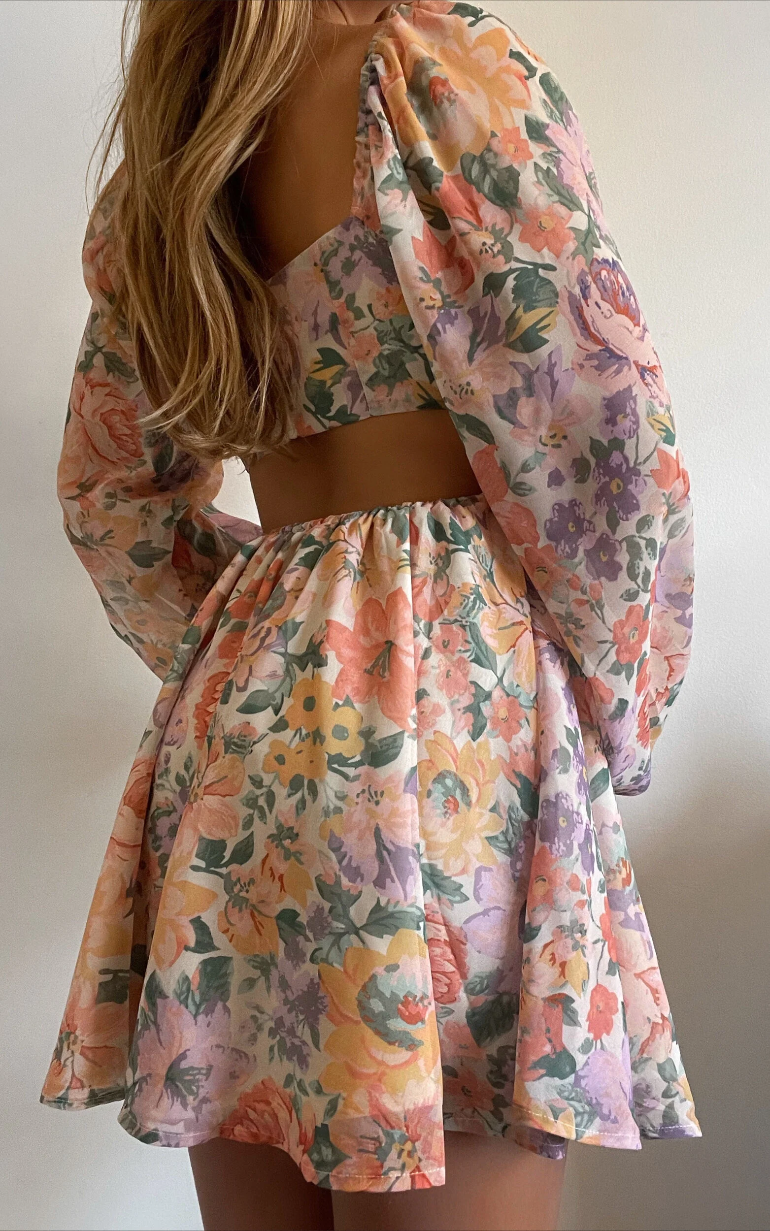 Ebonee Mini Dress - Puff Sleeve Cut Out Dress in Flower Crown