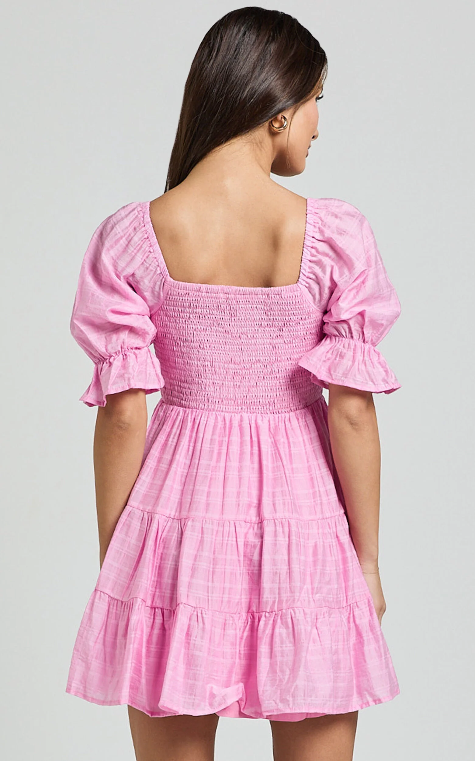 Britany Mini Dress - Shirred Puff Sleeve Tiered Dress in Pink