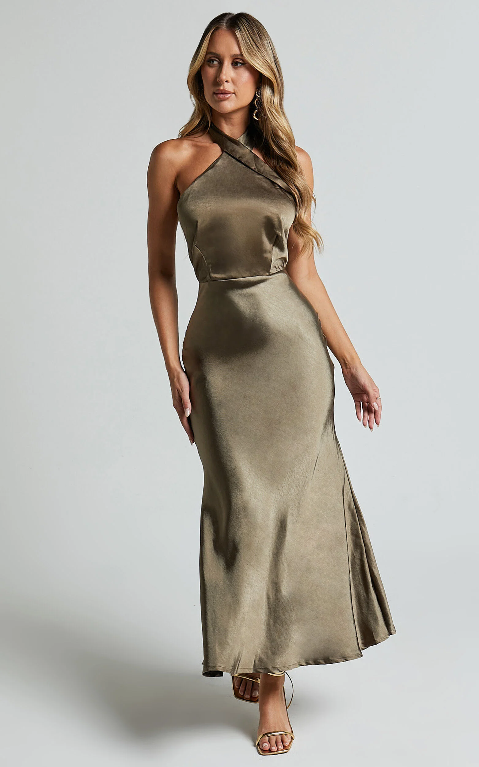 Rhianne Midi Dress - Twist Halter Neck Open Back Satin Dress in Olive