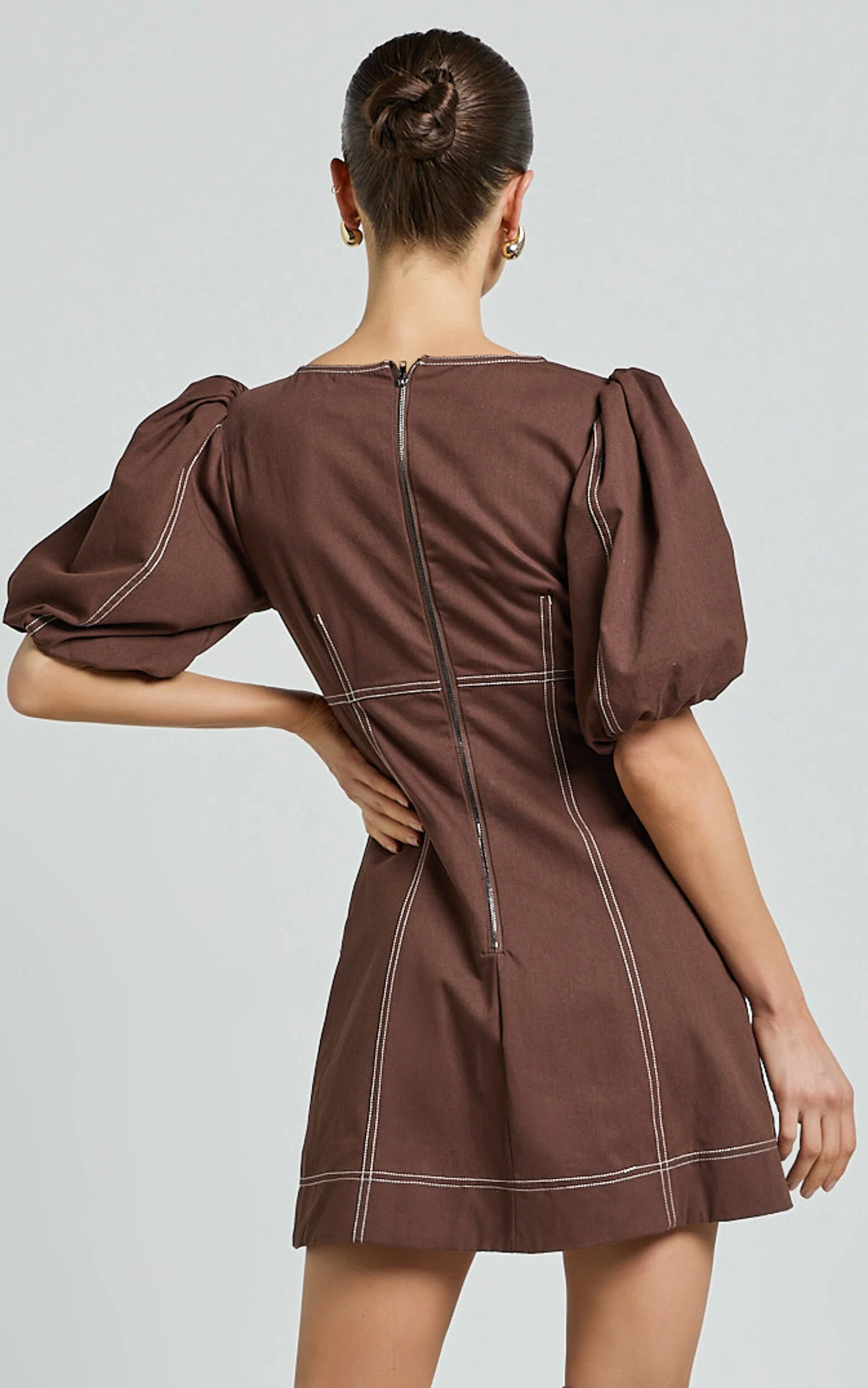 Tallie Mini Dress - Linen Puff Sleeve A Line Dress in Chocolate