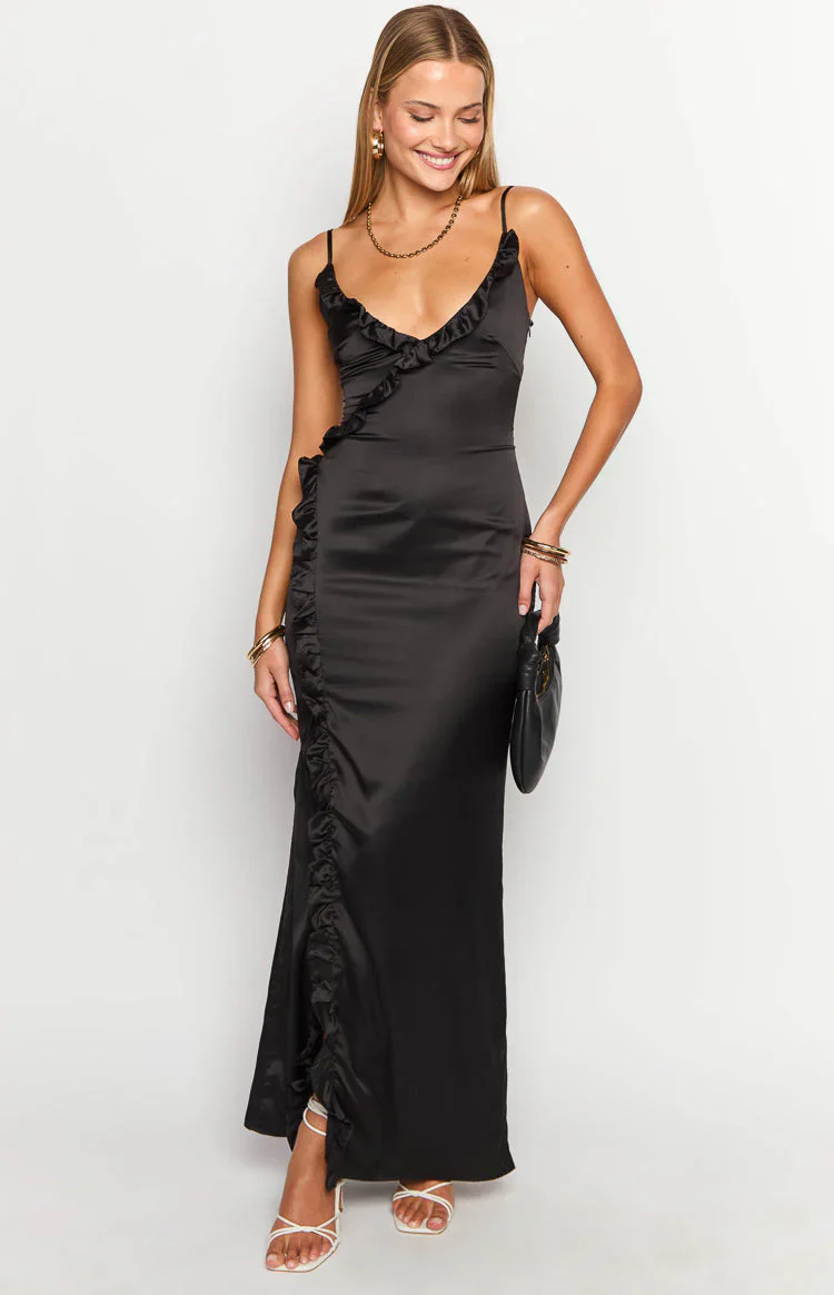 Nahanee Black Satin Ruffle Maxi Dress