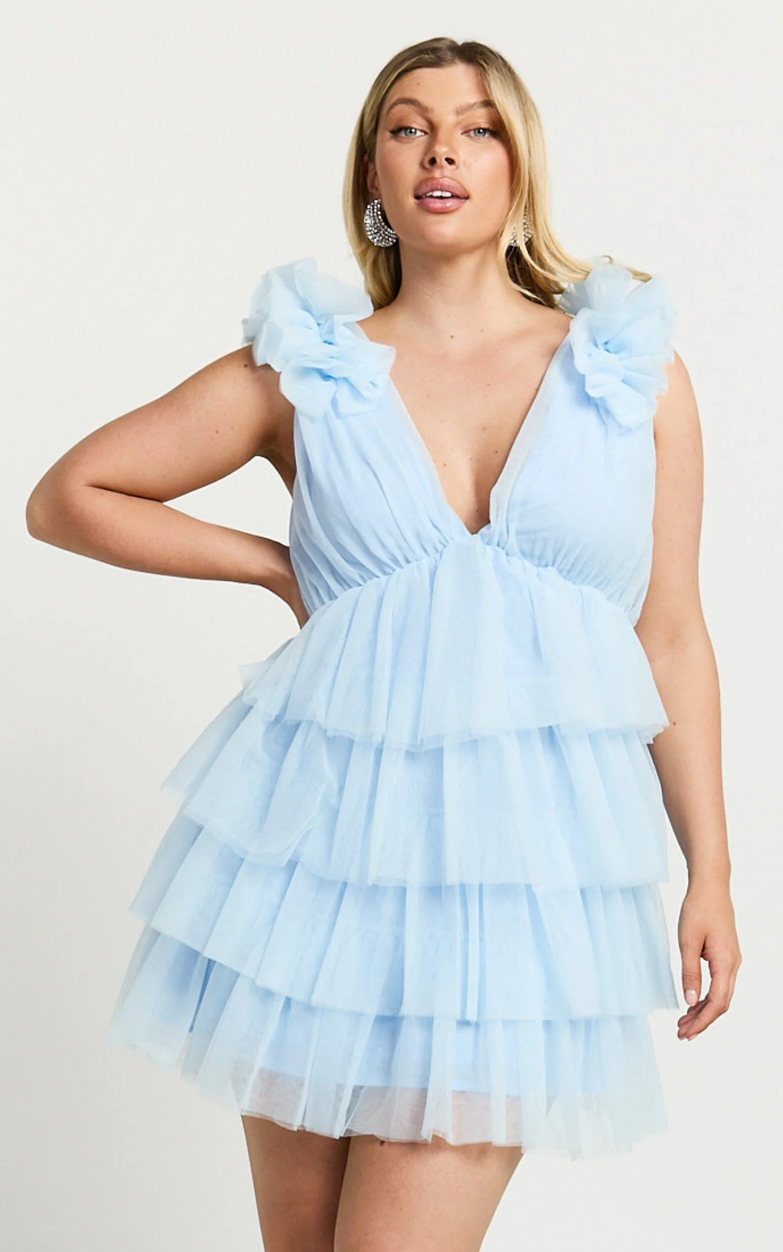 Hayden Mini Dress - Low Back Tulle Tiered Dress in Light Blue