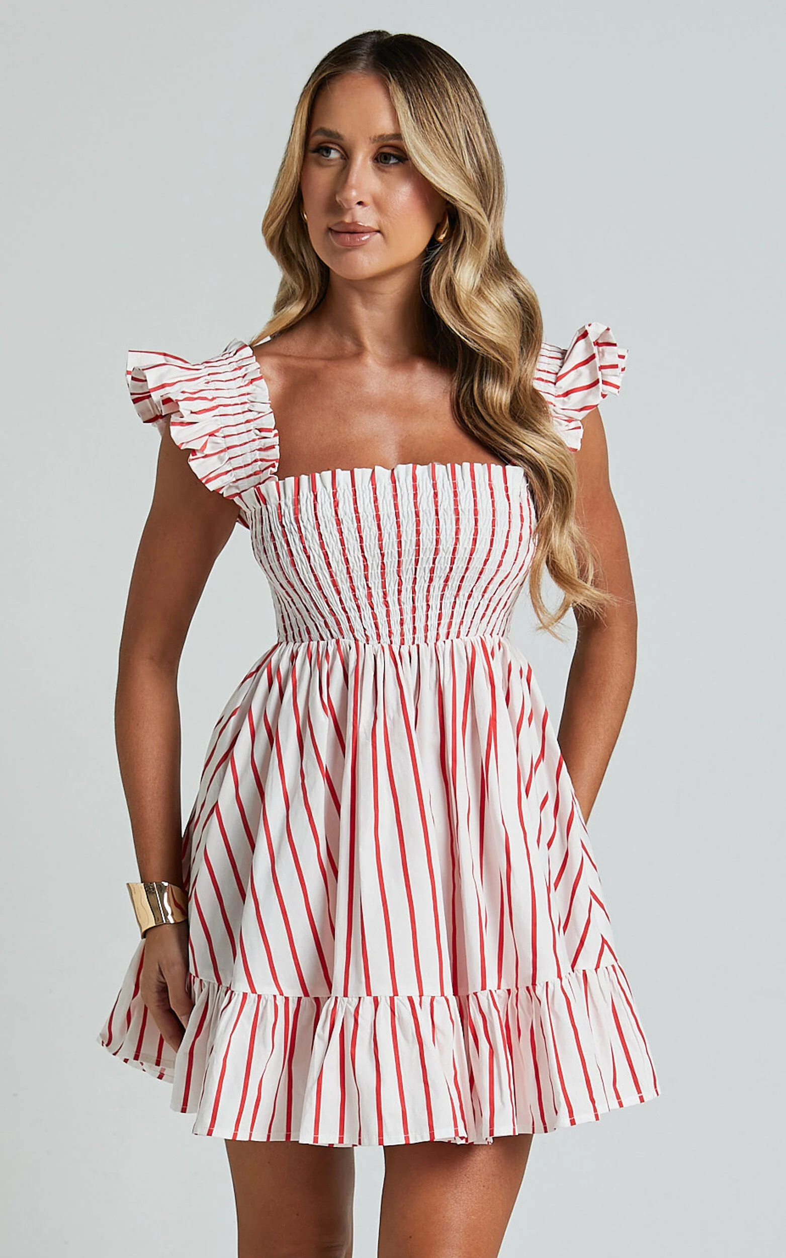Brynlee Mini Dress - Elastic Chest Flutter Sleeve Hem Dress in Red Stripe