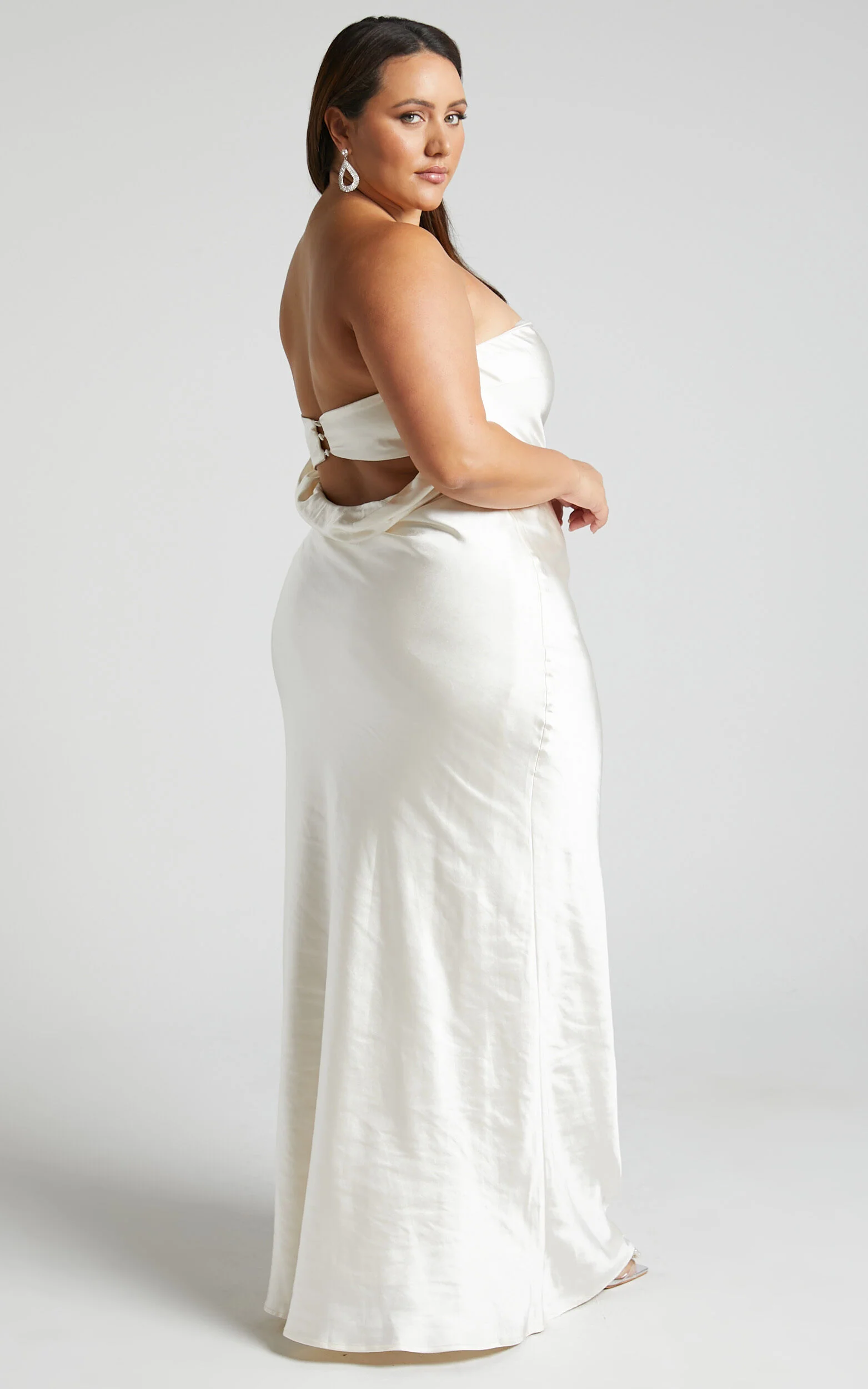 Charlita Maxi Dress - Strapless Cowl Back Satin Dress in Pearl
