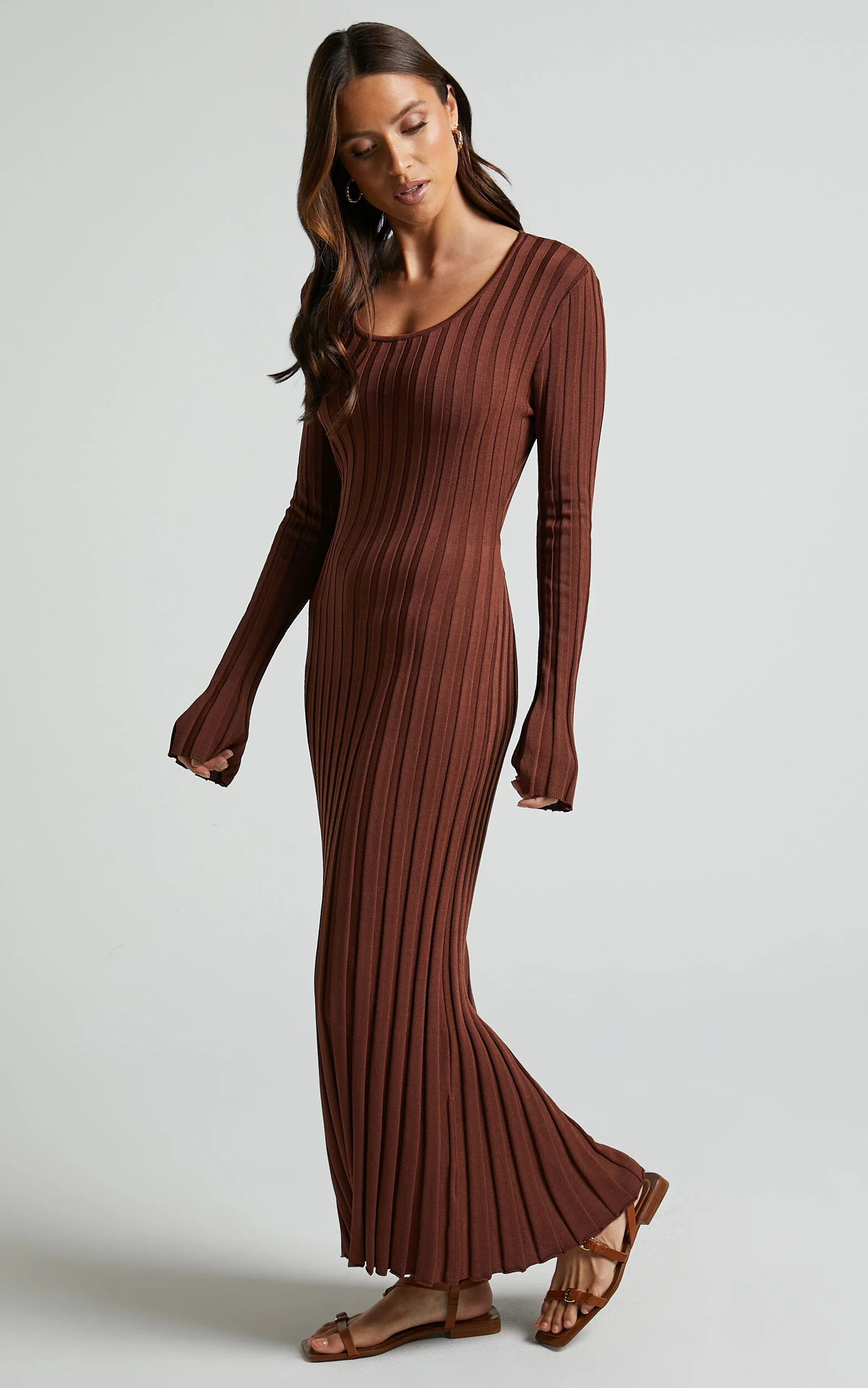 Blaire Midi Dress - Long Sleeve Tie Back Flare Dress in Chocolate