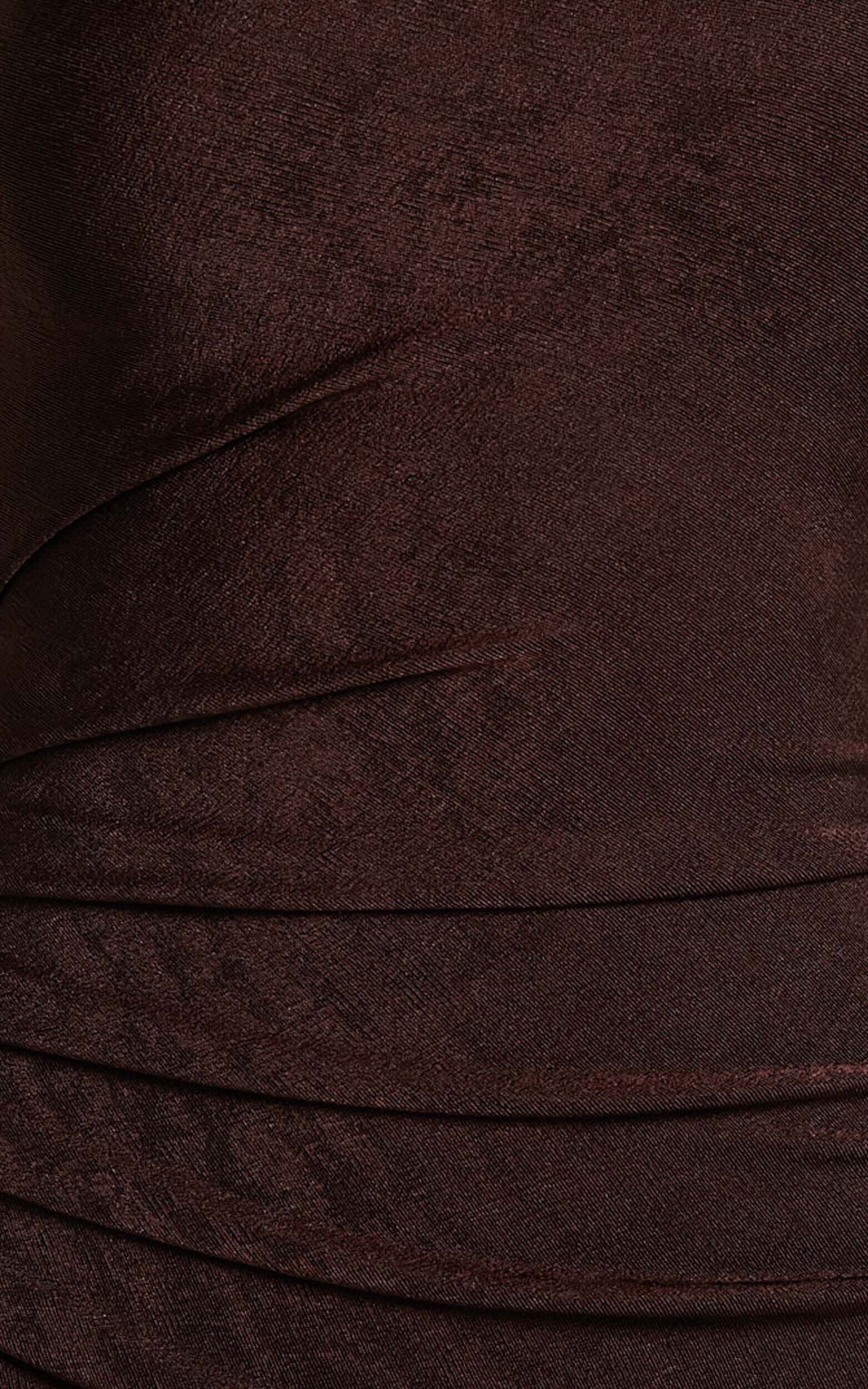 Arietty Midi Dress - One Shoulder Asymmetrical Ruched Dress in Chocolate