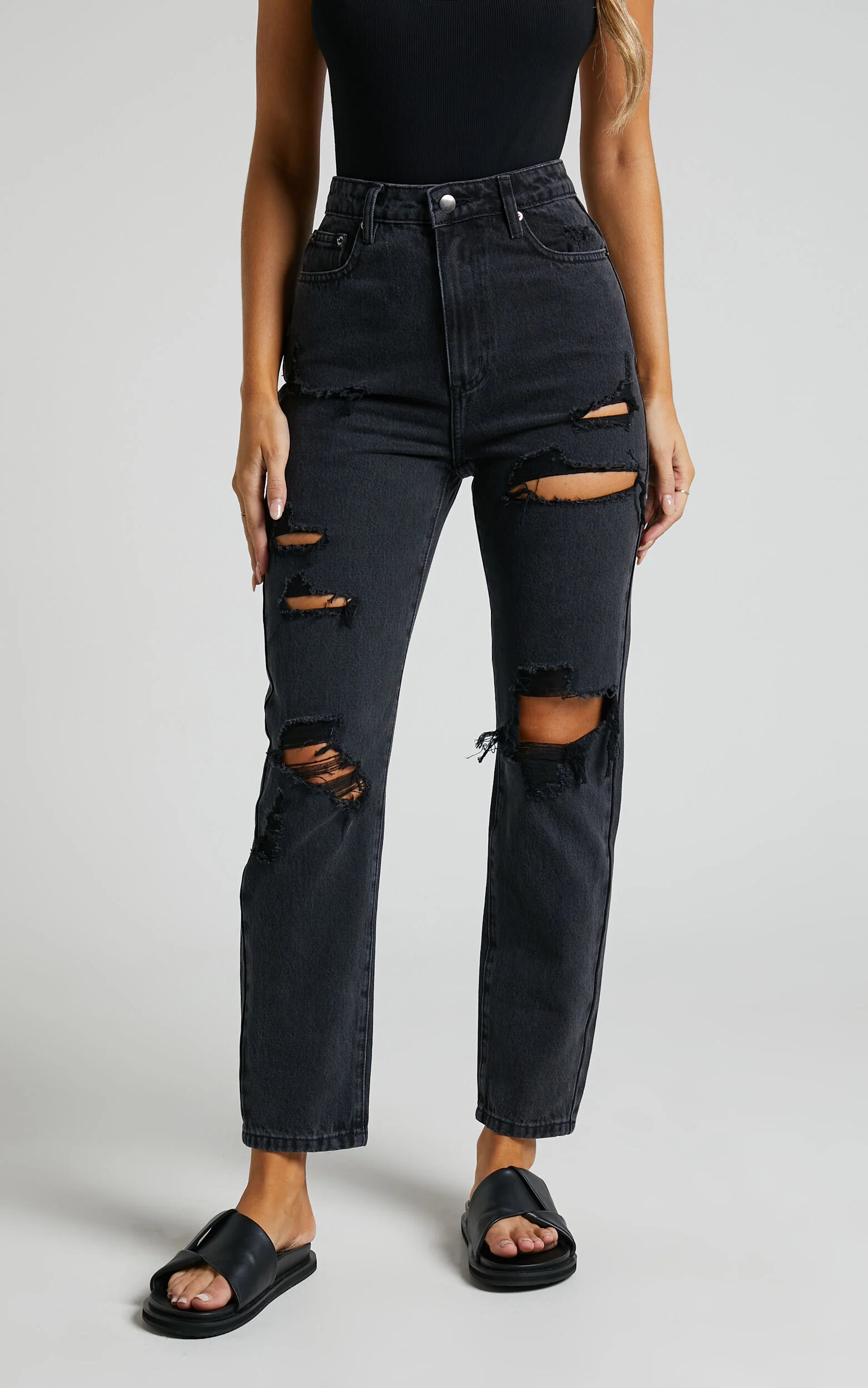Billie Jeans - High Waisted Cotton Distressed Mom Denim Jeans in Black Wash