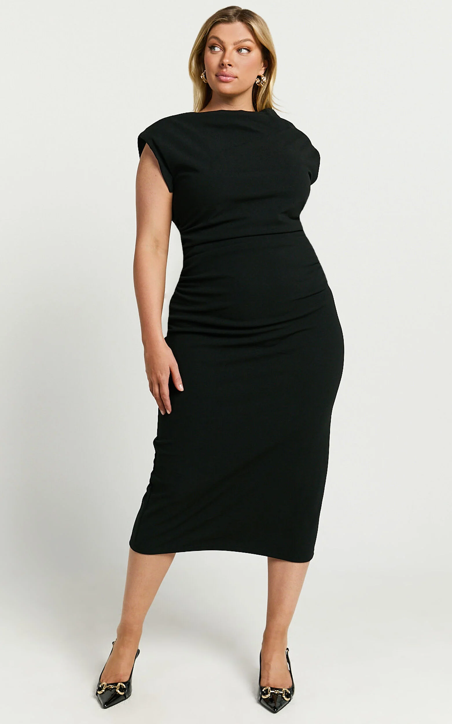 Carmilette Midi Dress - Cowl Neck Ruched Jersey Dress in Black