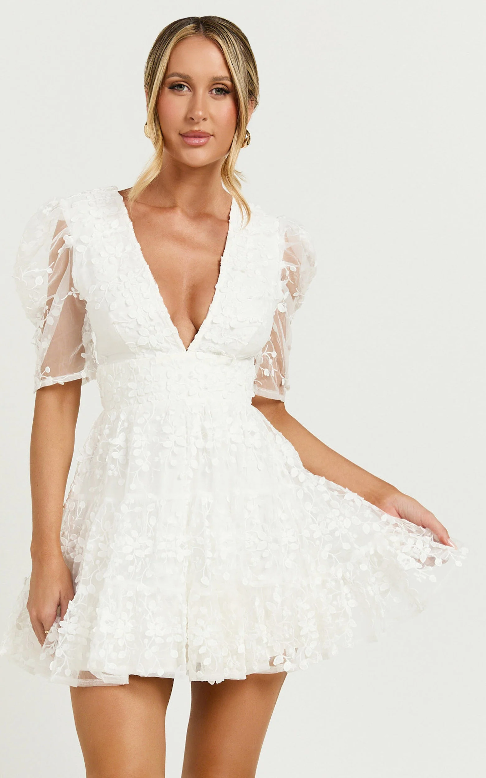 Pamela Mini Dress - Embroidered Plunge Tiered Dress in White