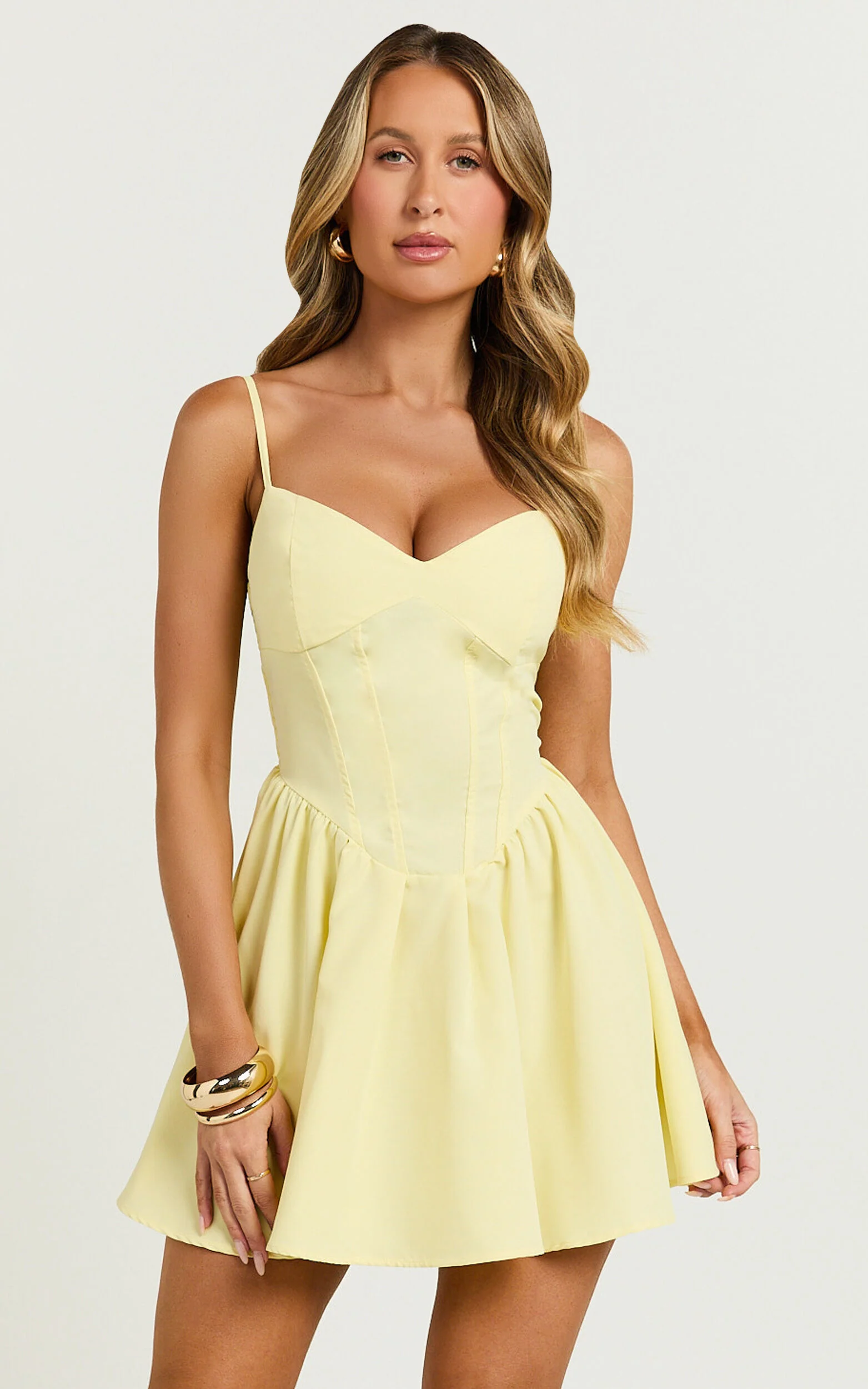 Delaila Mini Dress - Strappy Sweetheart Fit and Flare Dress in Lemon