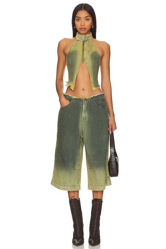 Green Denim Buckle Neck Top