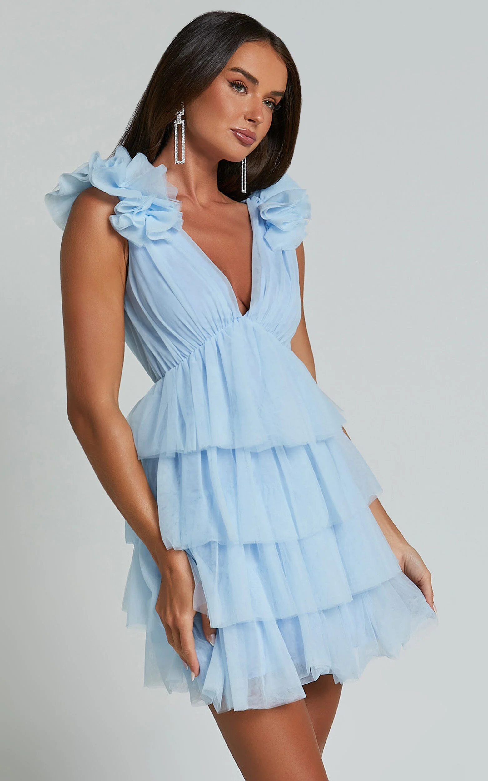 Hayden Mini Dress - Low Back Tulle Tiered Dress in Light Blue