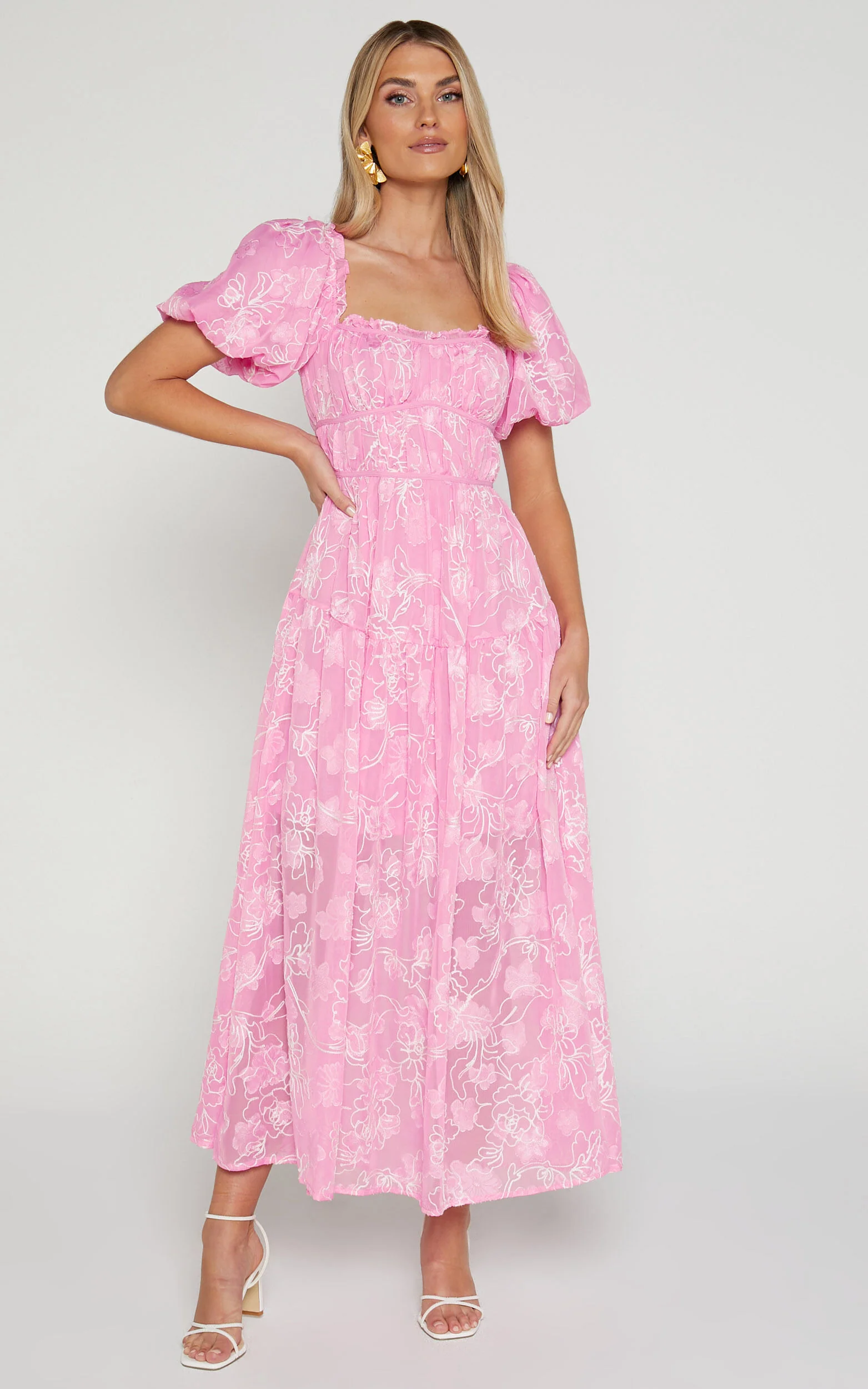Harley Midi Dress - Puff Sleeve Dress in Pink