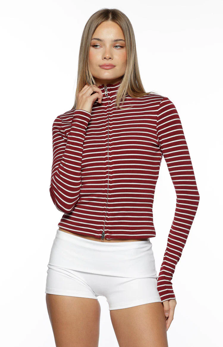 Poppi Burgundy Stripe Double Zip Sweater