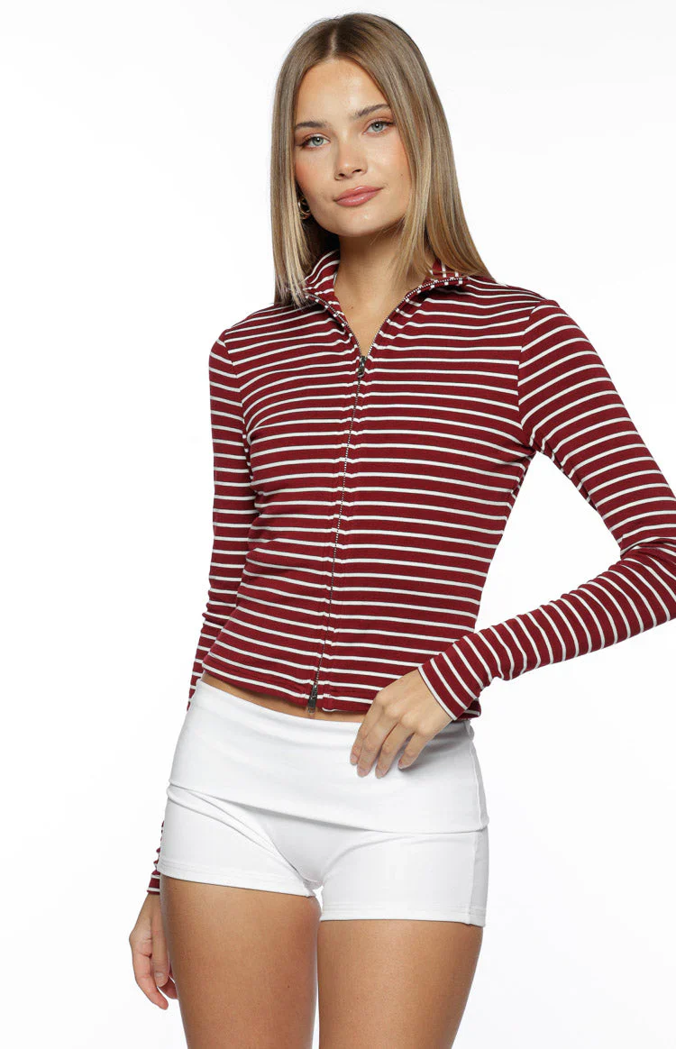 Poppi Burgundy Stripe Double Zip Sweater