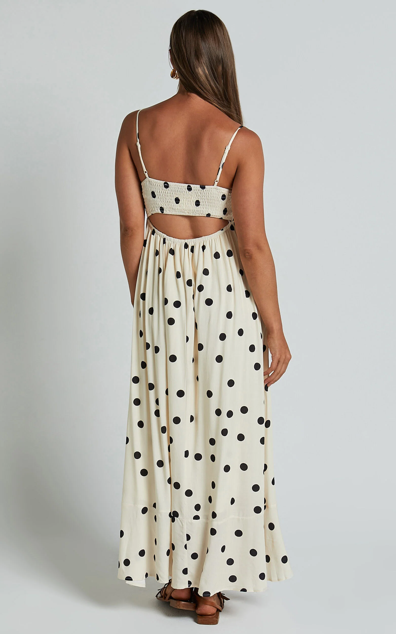 Miriam Midi Linen Dress - Strappy Straight Neck A Line Dress in Beige & Black Spot