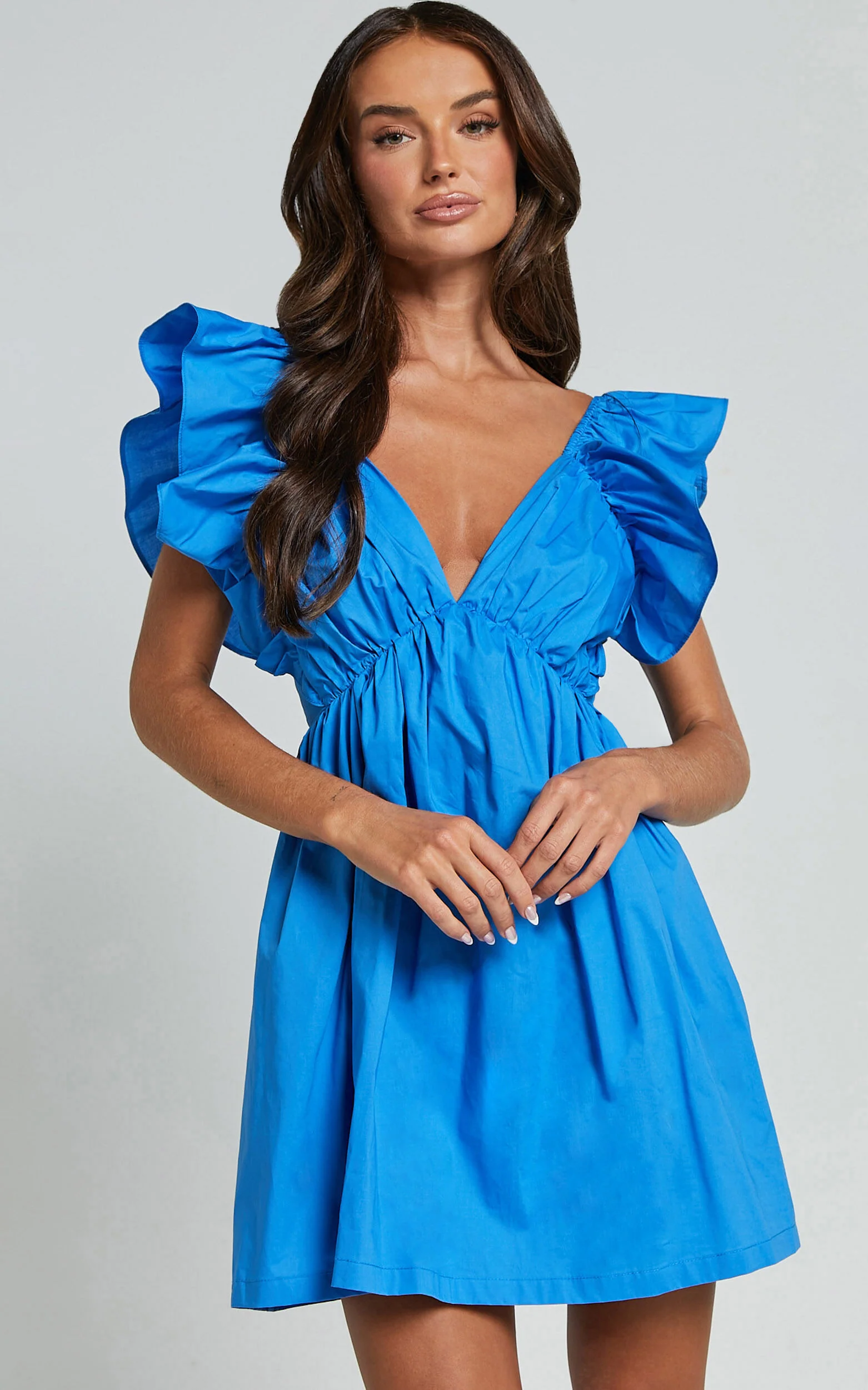 Raiza Mini Dress - Ruffle Sleeve Tie Back Plunge Dress in Blue