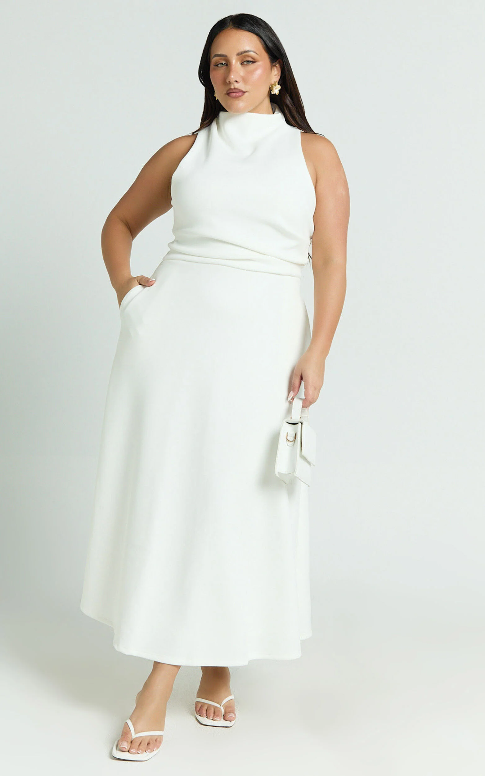 Macy Midi Dress - High Neck A Line Dress in Off White