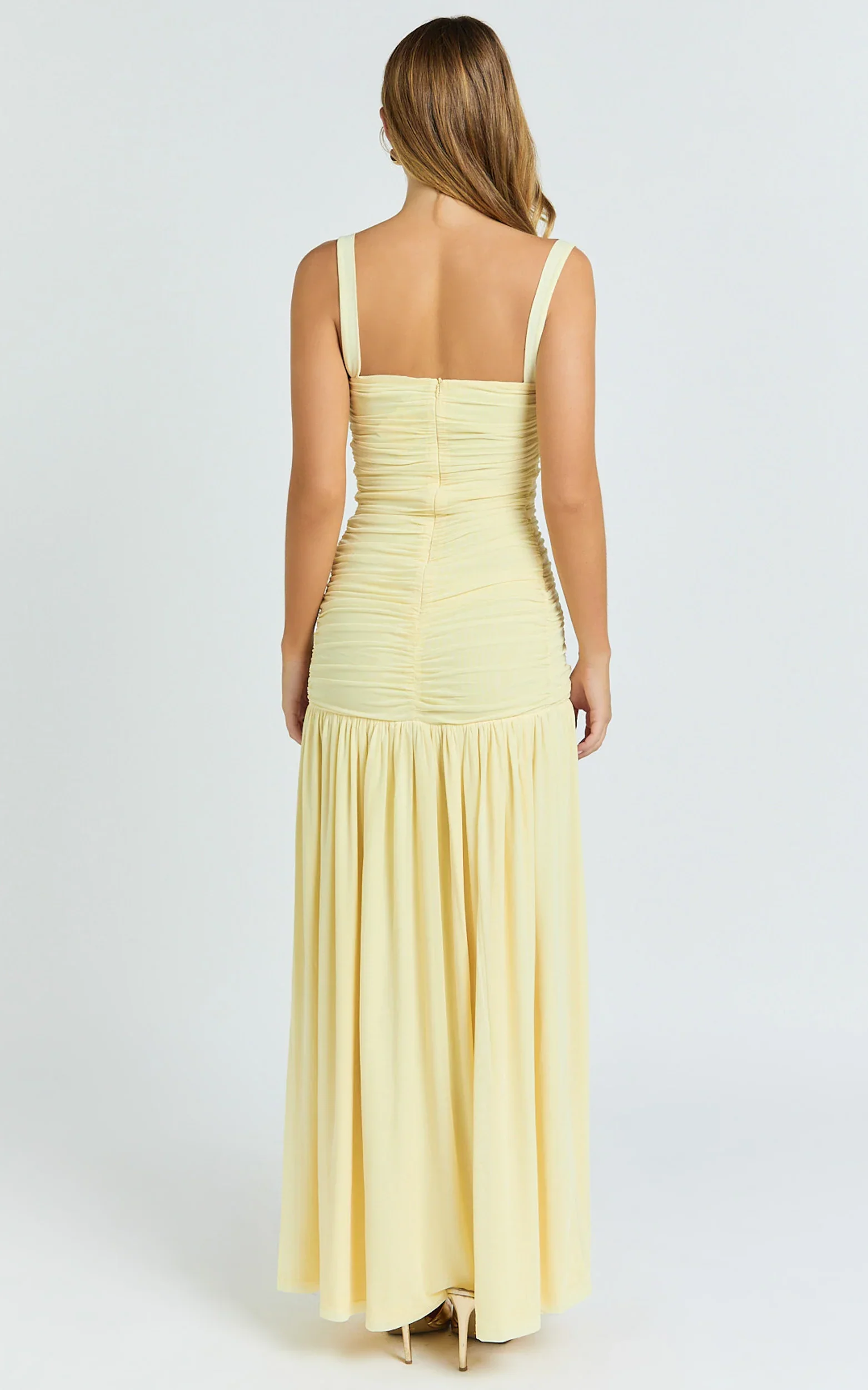 Cardi Maxi Dress - Ruched Mesh High Leg Split Dress in Lemon