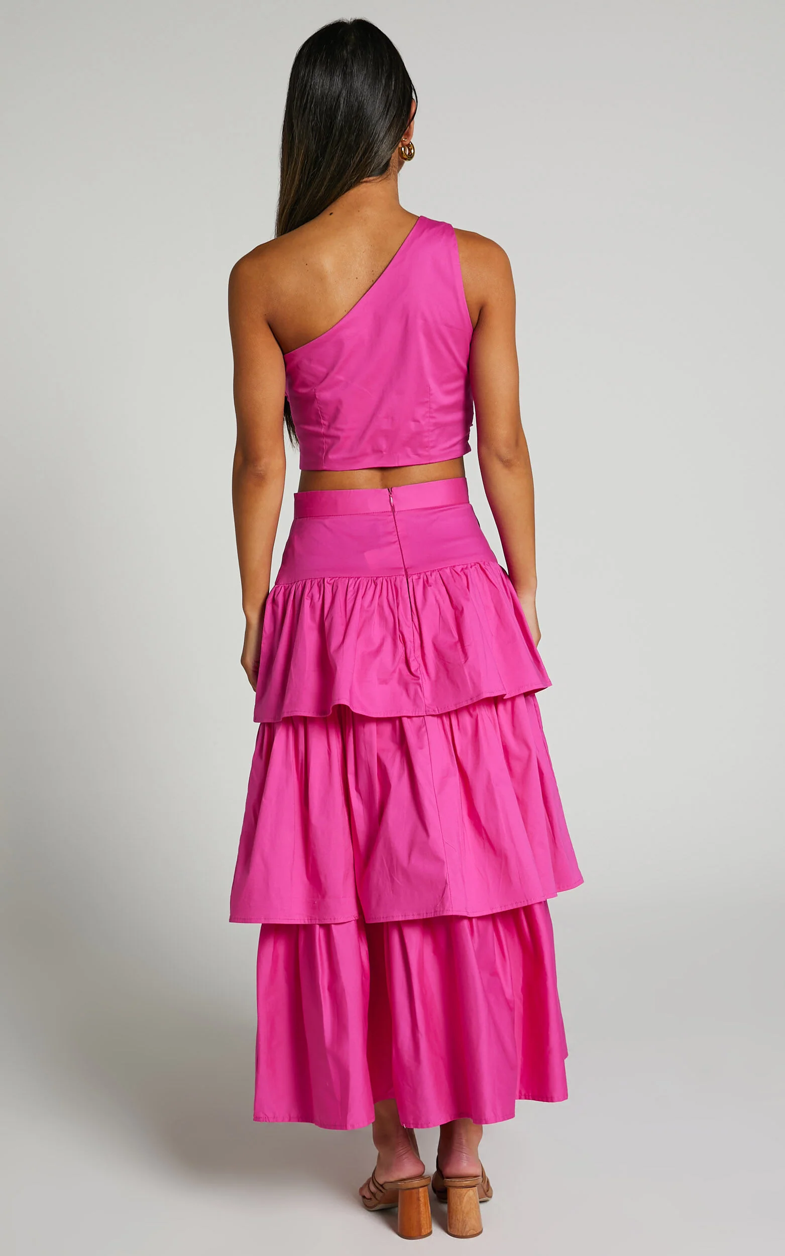 Kaycie Two Piece Set - One Shoulder Asymmetrical Ruched Top and Tiered Midi Skirt Set in Pink