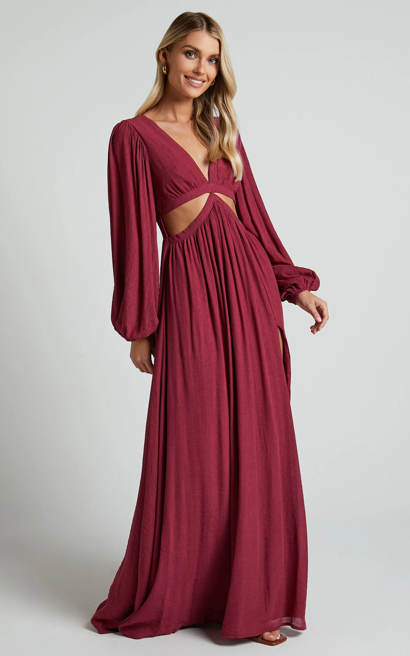 Paige Maxi Dress - Side Cut Out Balloon Sleeve Dress in Mulberry