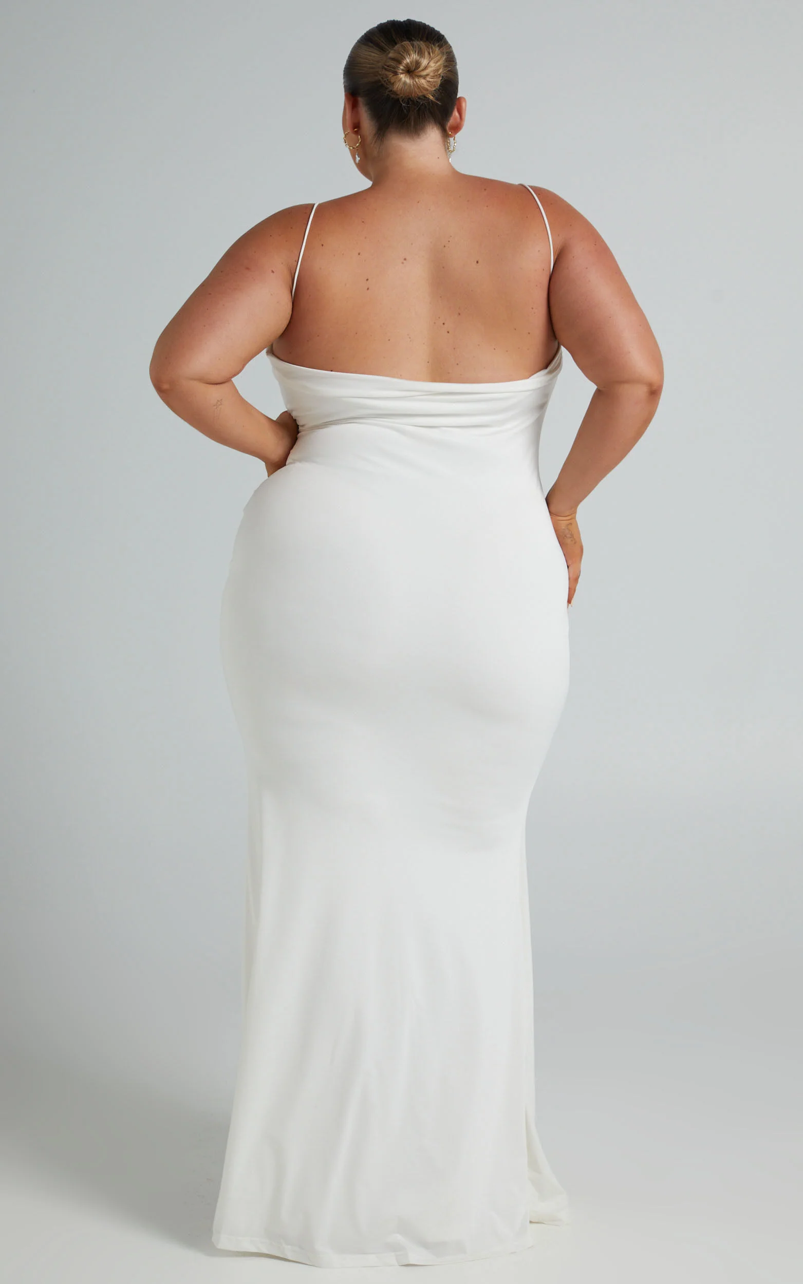 Tasteful Midi Dress - Cowl Neck Bodycon Thigh Split Dress in White