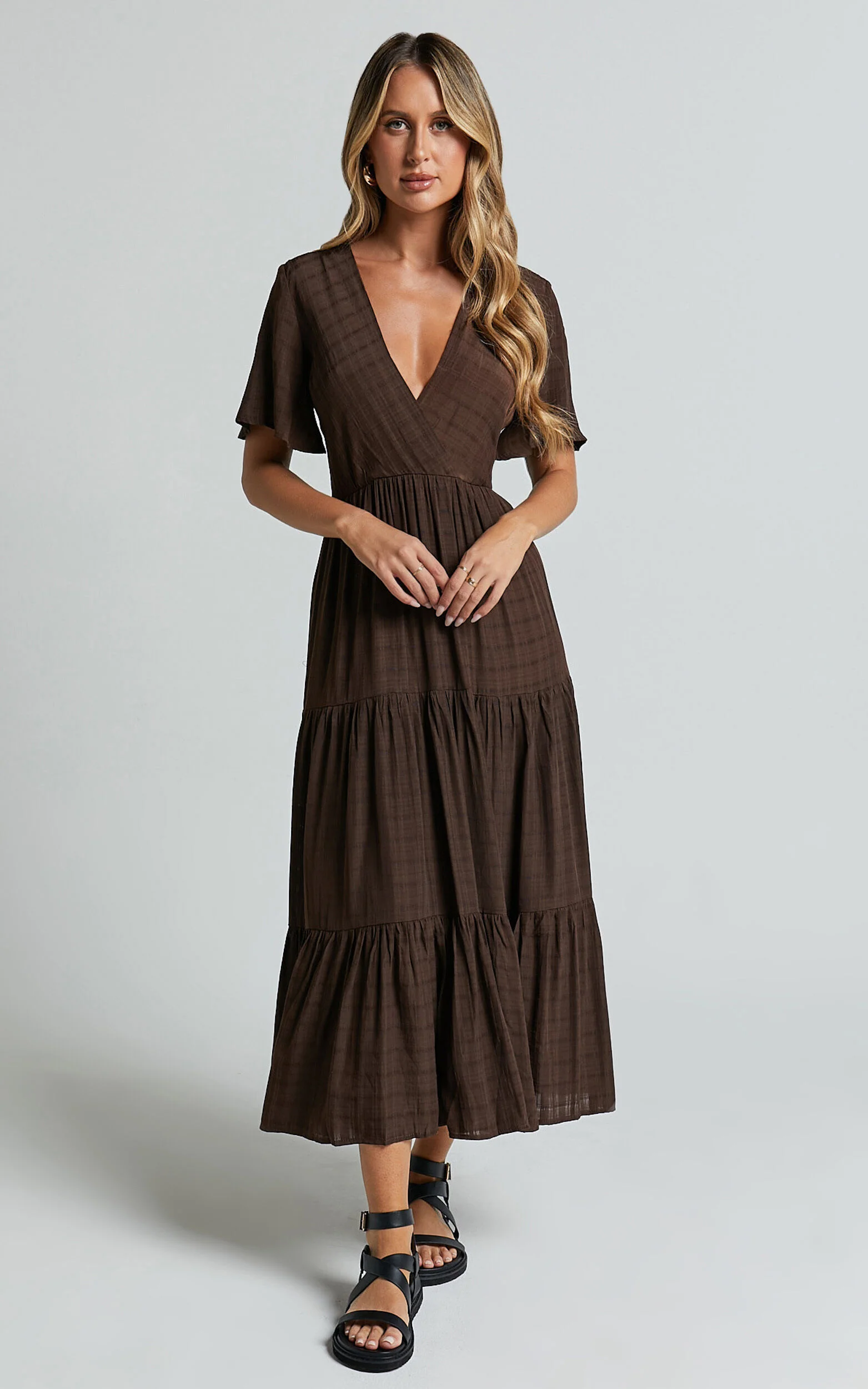 Cryzel Midi Dress - Flutter Sleeve Tiered Dress in Chocolate