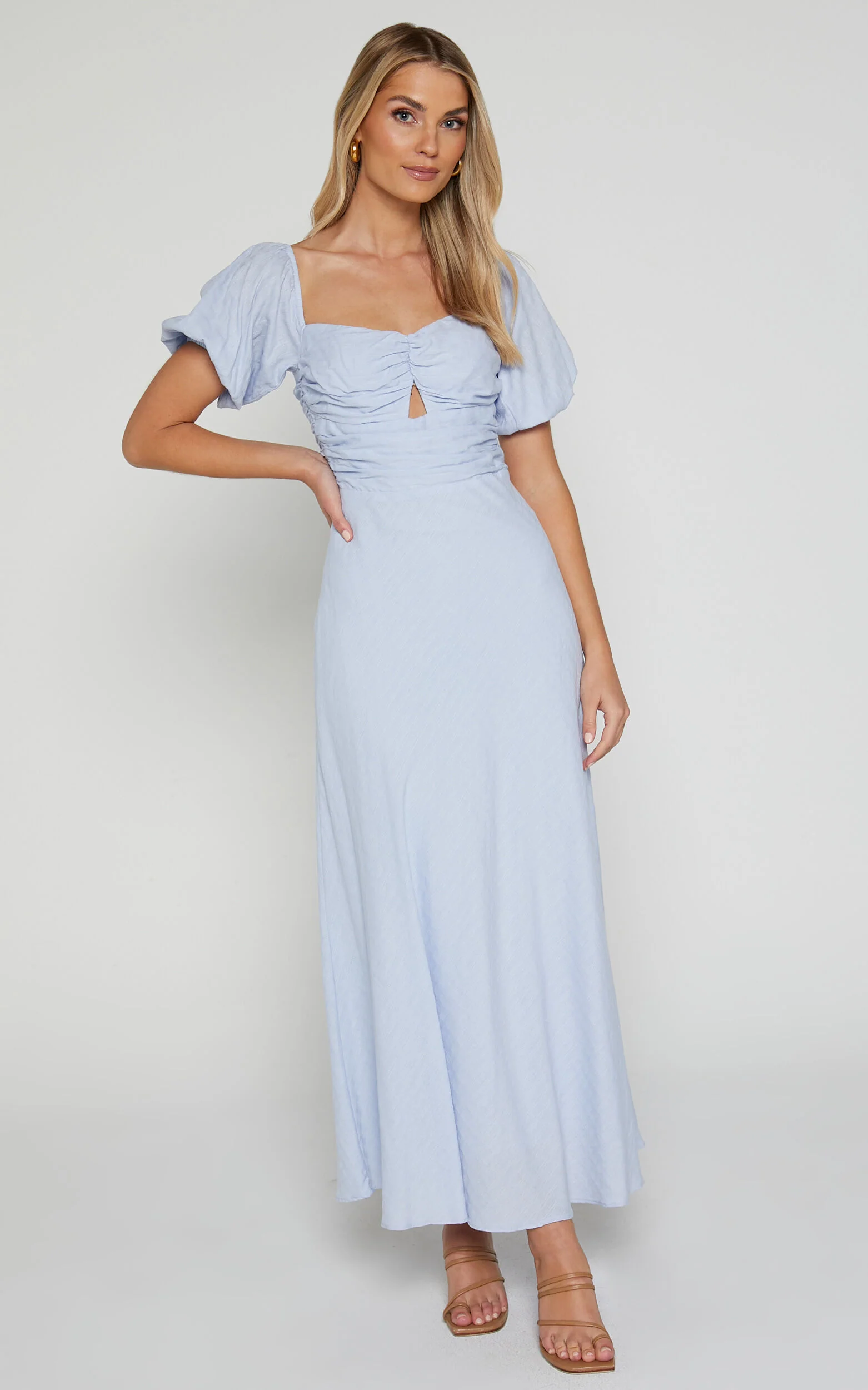 Vynna Midi Dress - Scoop Neck Puff Sleeve Ruched Bust A Line Dress in Blue