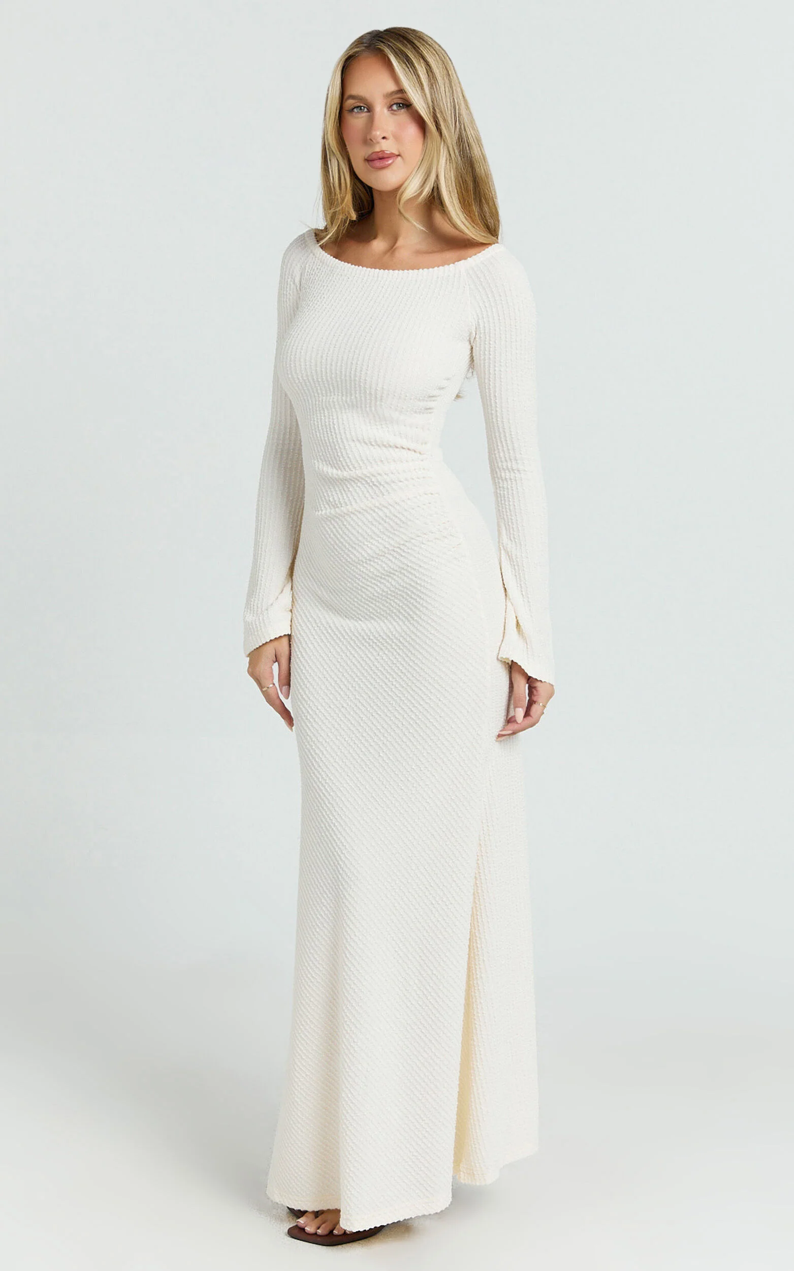 Ayla Maxi Dress - Off Shoulder Flared Sleeve Bodycon Dress in Off White