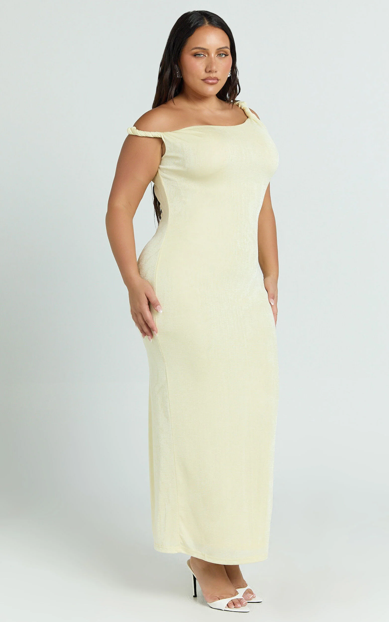 Isabel Midi Dress - Twist Off Shoulder Bodycon Dress in Lemon