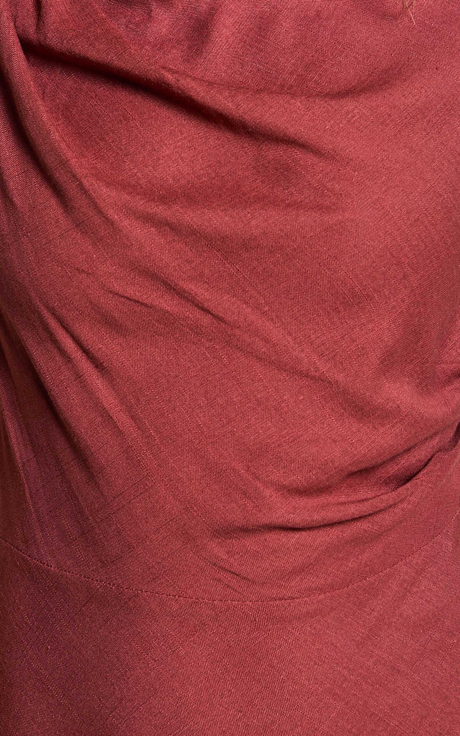 Arielle Maxi Linen Dress - High Neck Thigh Split Slip Dress in Rust