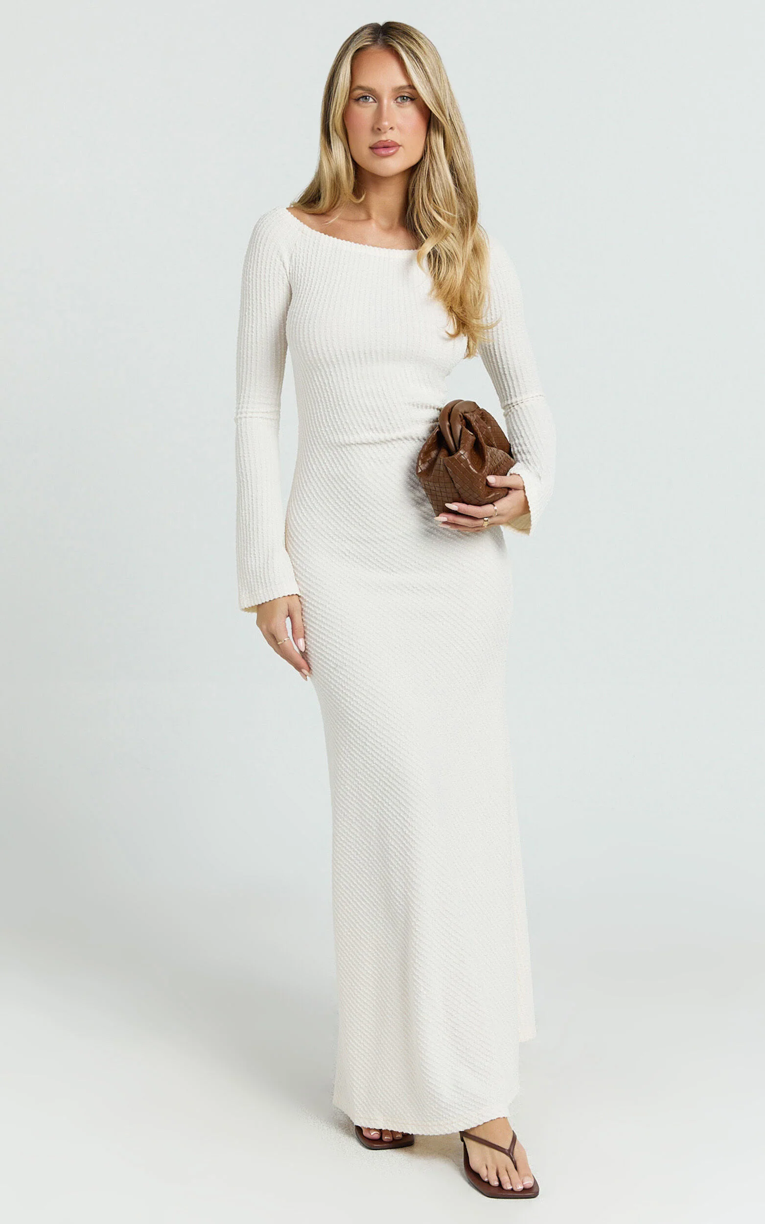 Ayla Maxi Dress - Off Shoulder Flared Sleeve Bodycon Dress in Off White