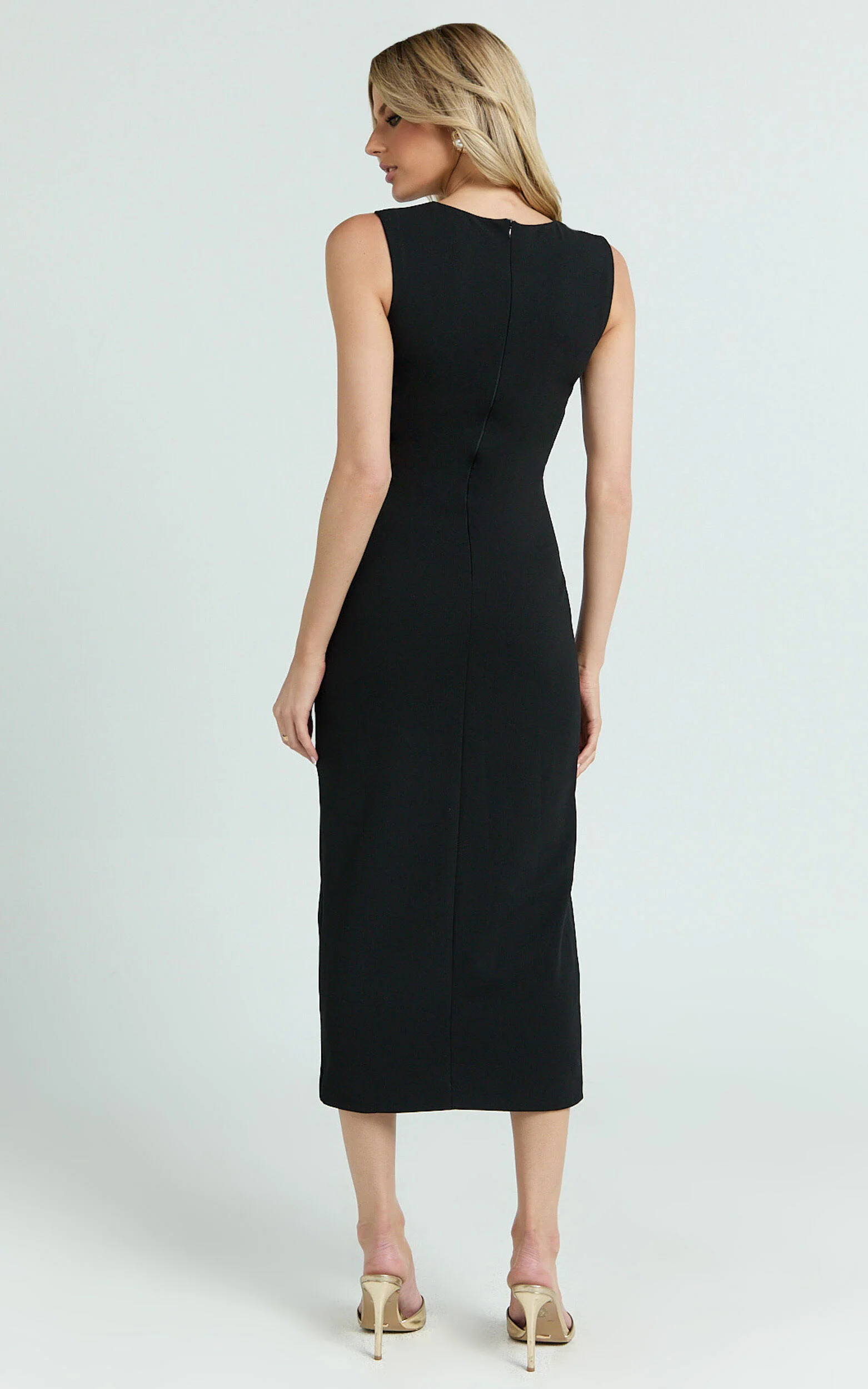 Stella Midi Dress - Square Neck Cap Sleeve Fitted Dress in Black