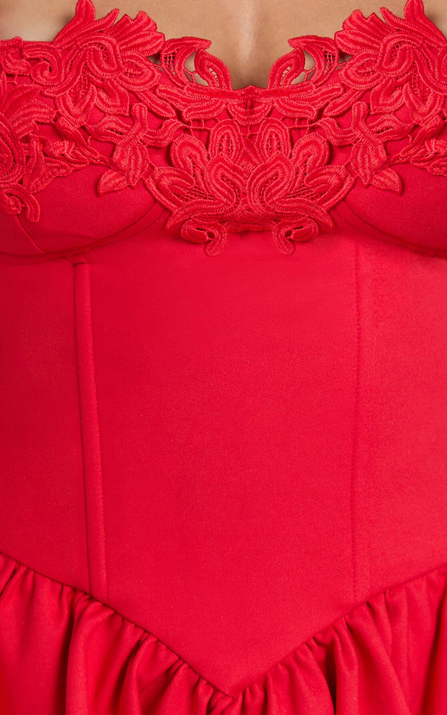 Brooke Mini Dress - Strapless Lace Trim Drop Waist Fit And Flare Dress in Red