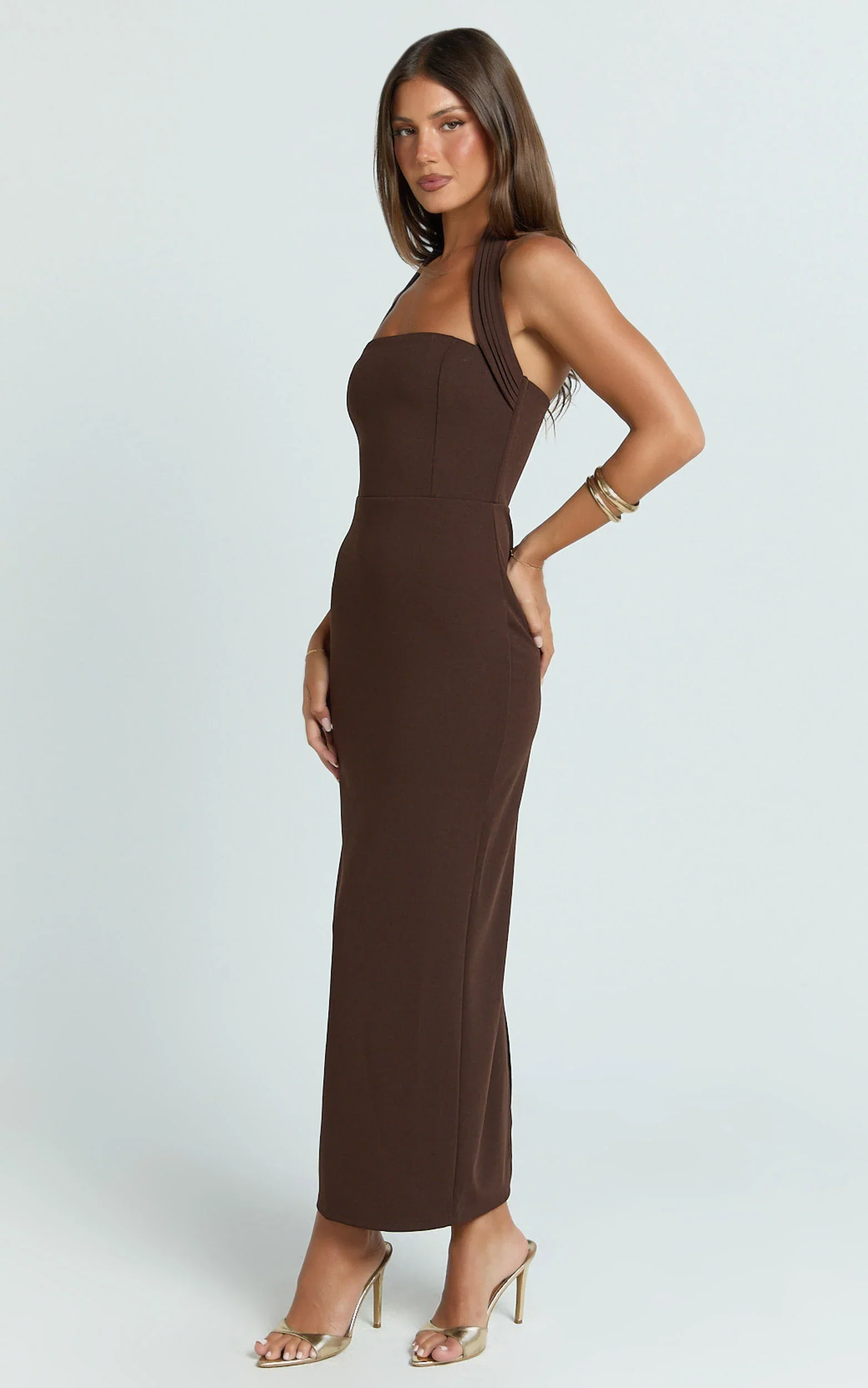 Salome Midi Dress - Halter Neck Column Dress in Dark Chocolate
